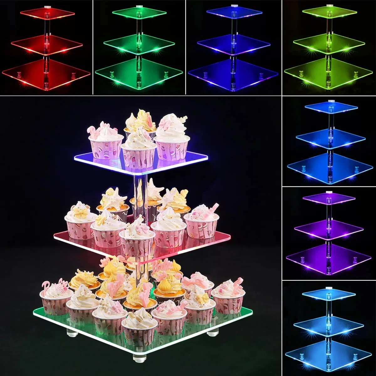 3 Piani Cupcake Stand, Ulifeme LED Ricaricabile Alzata, Supporto per Esposizione di Dolci Trasparente Quadrato, Torre di Cupcakes per Natale, Matrimoni, Anniversari, Feste Prenatalizie e Compleanni