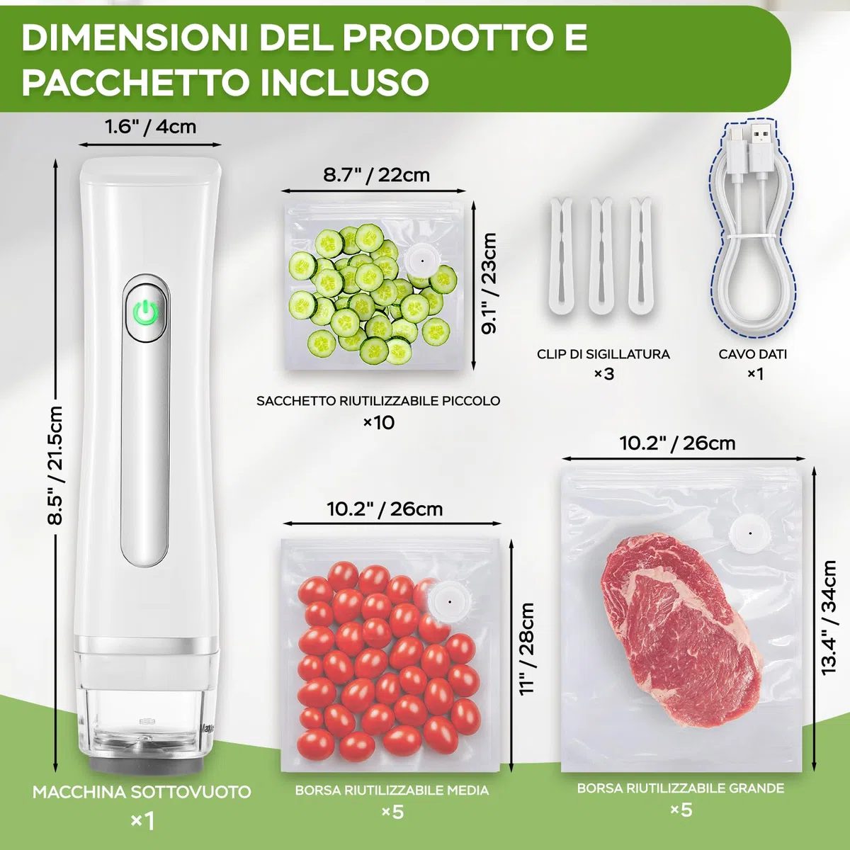 Macchina Sottovuoto per Alimenti, Sottovuoto Alimenti Portatile con 20 Sacchetti Sottovuoto Riutilizzabili, Macchina Sottovuoto per la Cottura Sottovuoto e la Conservazione Degli Alimenti