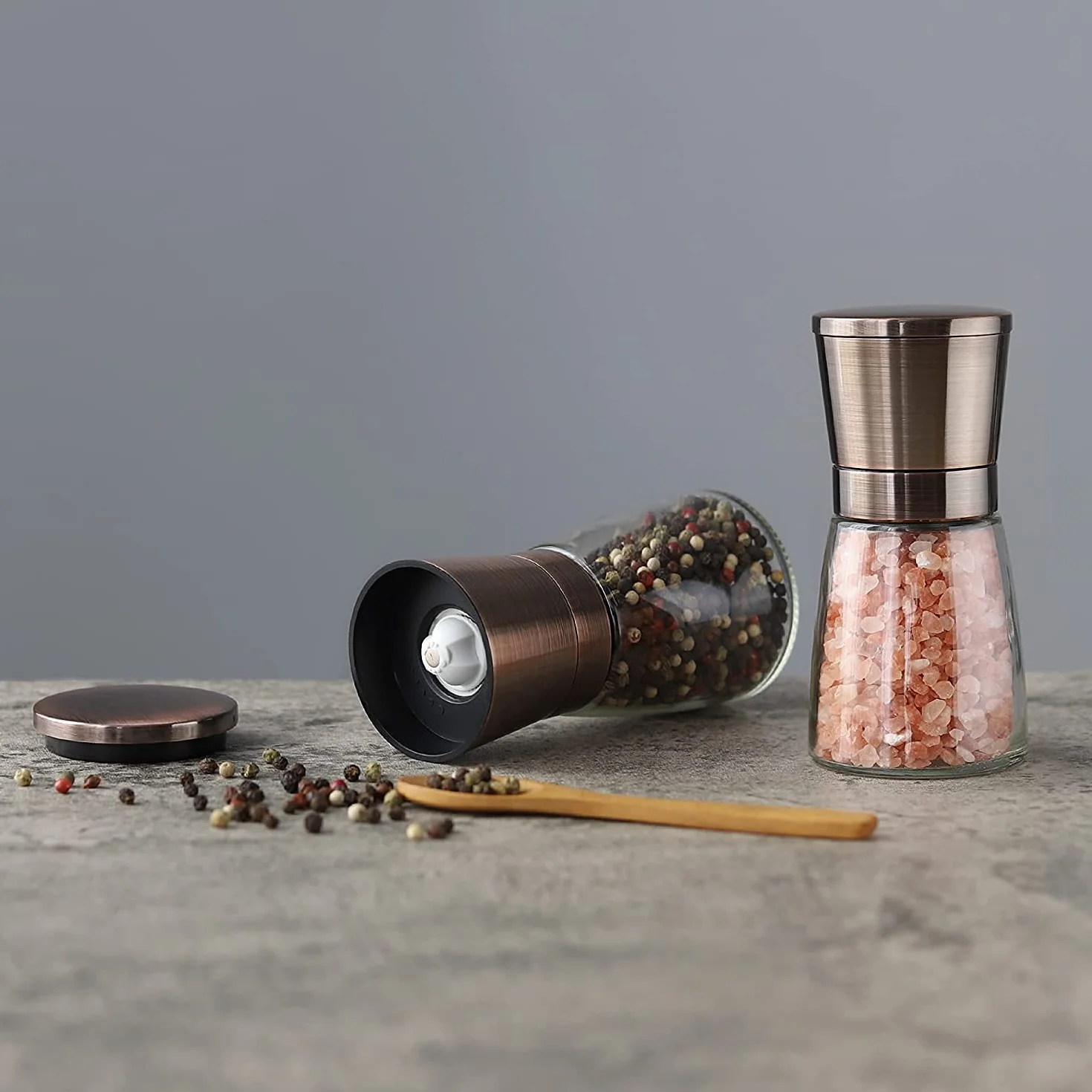 Vzaahu Macina Sale e Pepe 2 Set,con Nucleo di Ceramica Cannella,Ruvidità Regolabile,Colore Rame,per Casa Ristorante