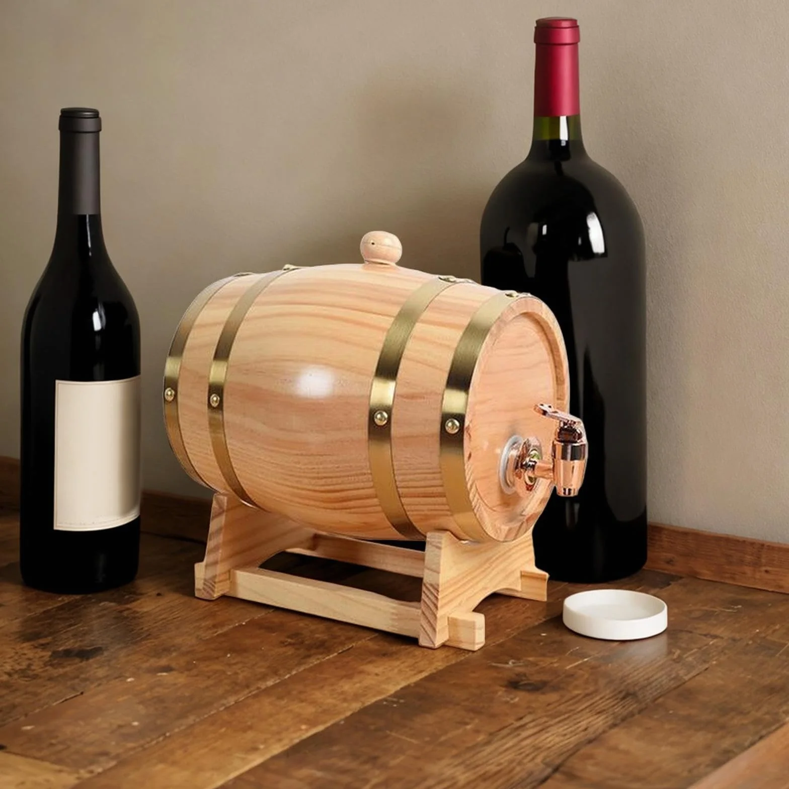 perfk Bottiglie per Vino in Rovere con Supporto, Contenitore per Birra in Legno, Distributore di Vino con Foro per Il Tappo Et Un Rubinetto, Distributore per Whisky, Vino, Birra, 3L
