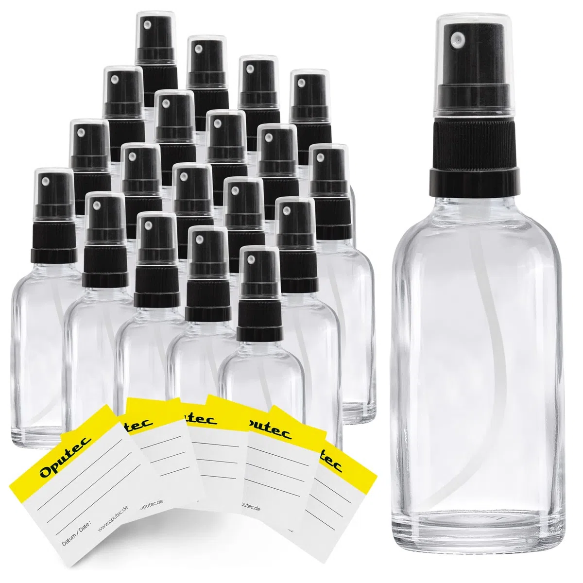 Oputec 20 flaconi spray da 30 ml in vetro con nebulizzatore + 20 etichette – Bottiglie in vetro trasparente con testina spray fine – Piccola bottiglia spray