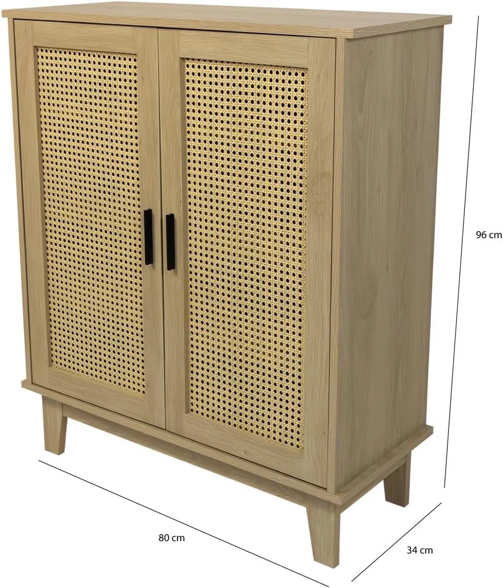 Box and beyond Cassettiera in eucalipto – Porte in canna, naturale, 80 x 34 x 96 cm, FSC 100%