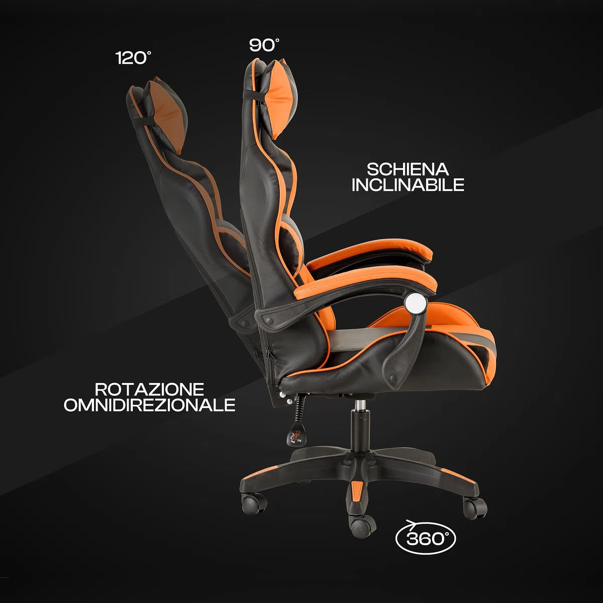 Baroni Home Sedia da Gaming, Sedia Ufficio Ergonomica con Schienale Regolabile, Poggiatesta e Supporto Lombare, Arancione