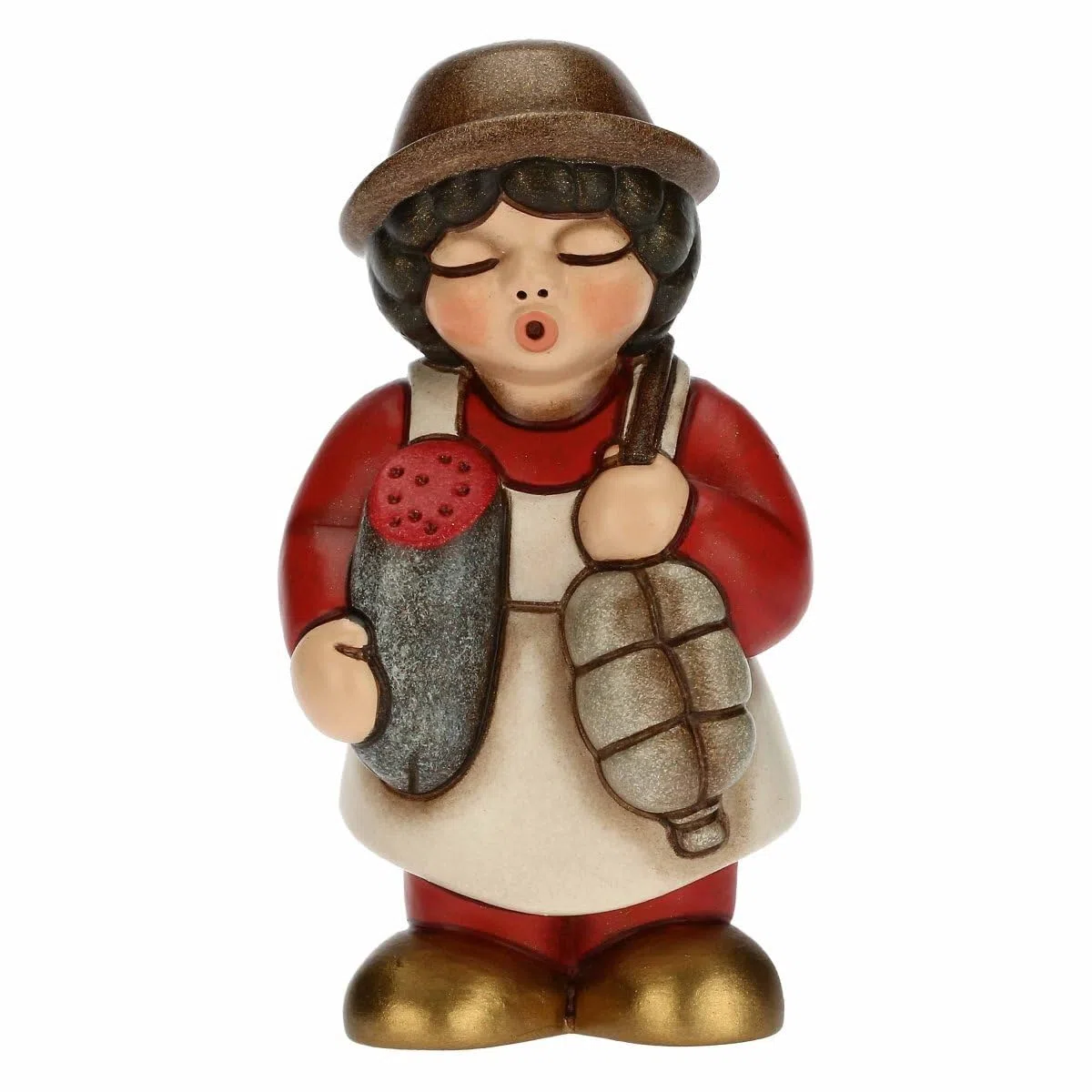 THUN - Presepe 2022 - Statuina Presepe Salumiere in Ceramica Decorata a Mano, Versione Vestito Marrone - Linea Presepe Classico - 4,3X4,5X8 cm h
