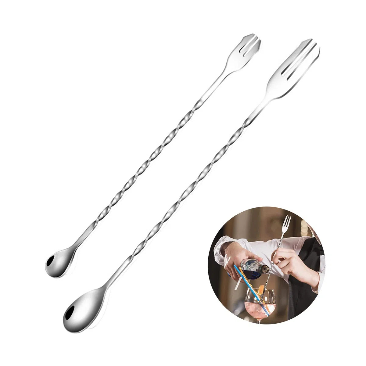 Cucchiaio da Cocktail in Acciaio inox,Cucchiaio da Bar con Manico Lungo,Cucchiaio da Cocktail per Vino da bar in Acciaio Inossidabile,Per il barista per la casa e il bar,32 cm,26 cm