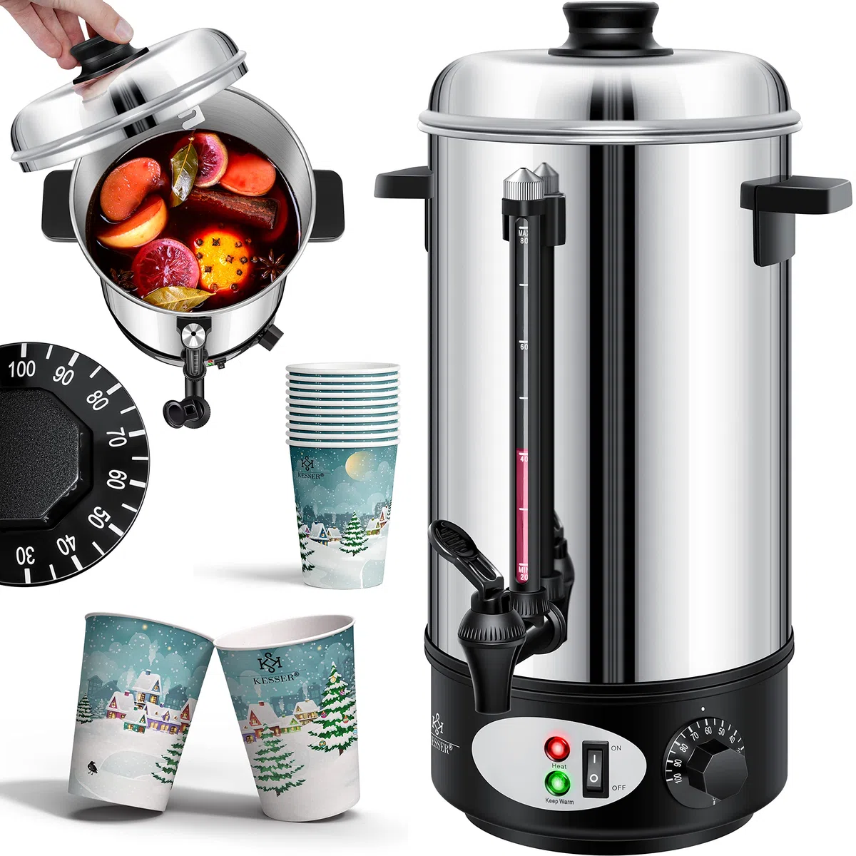 KESSER® Bollitore per vin brulé, cuoci-vin brulé in acciaio inox, macchina per vin brulé, macchina per bevande calde