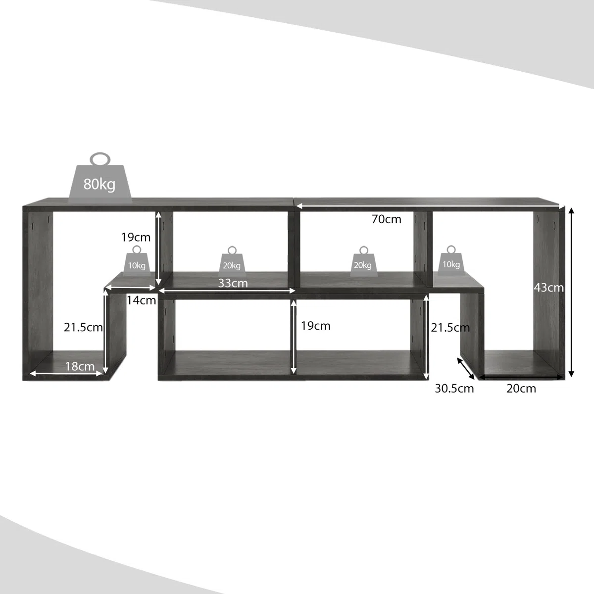 COSTWAY Mobile Porta TV Combinabile con Ripiani Aperti, per TV Fino a 65 Pollici, Mobile TV di Legno per Camera da Letto, Soggiorno, Capacità di Carico Massima 80 kg, 134-180 x 30 x 43 cm (Grigio)