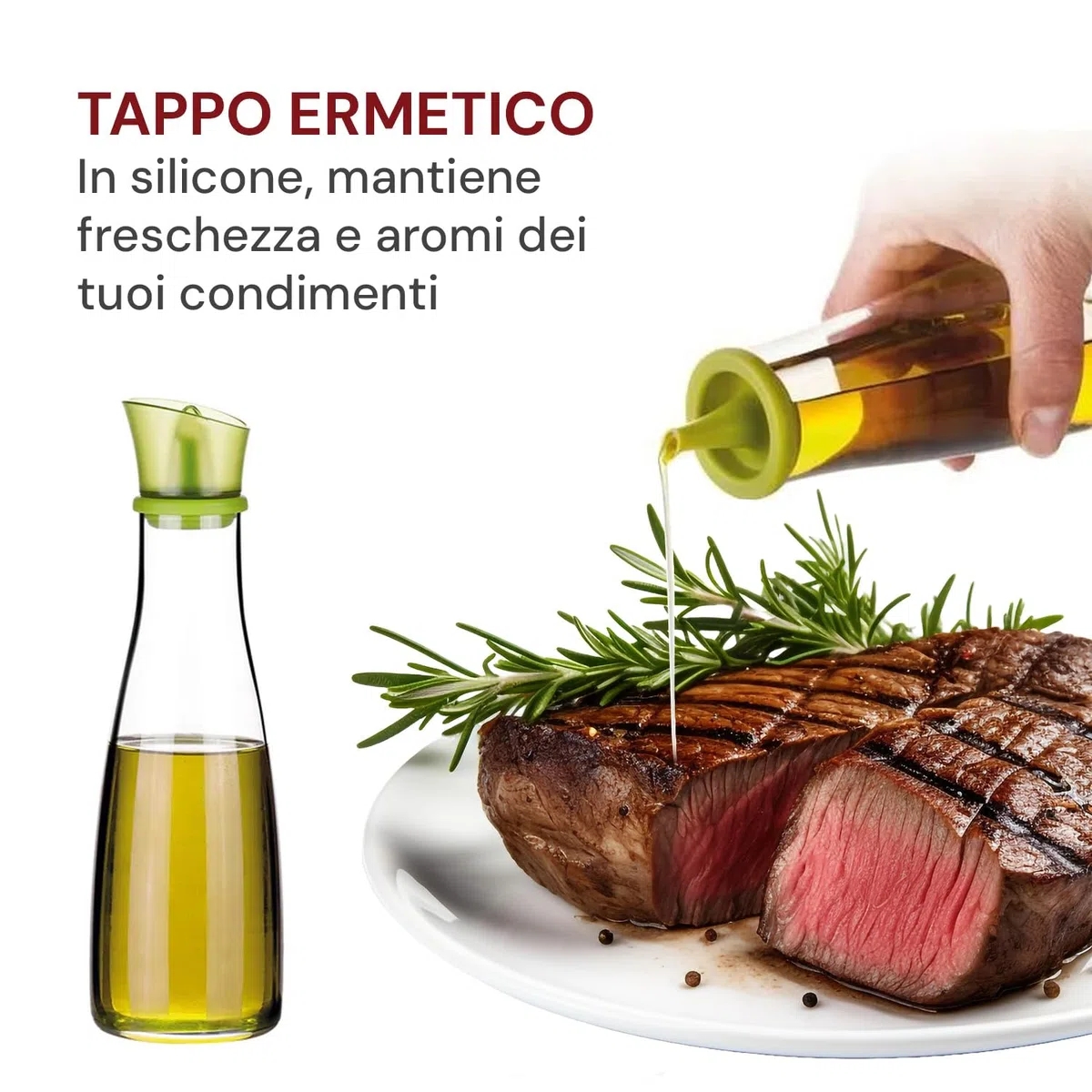 Avilia Set da Tavola Olio e Aceto 250ml - Realizzate in Vetro Robusto - Beccucci Flessibili Antigoccia in Silicone - Tappi Colorati Verde e Bordeaux - Supporto Comodo ed Elegante - Facile da Pulire