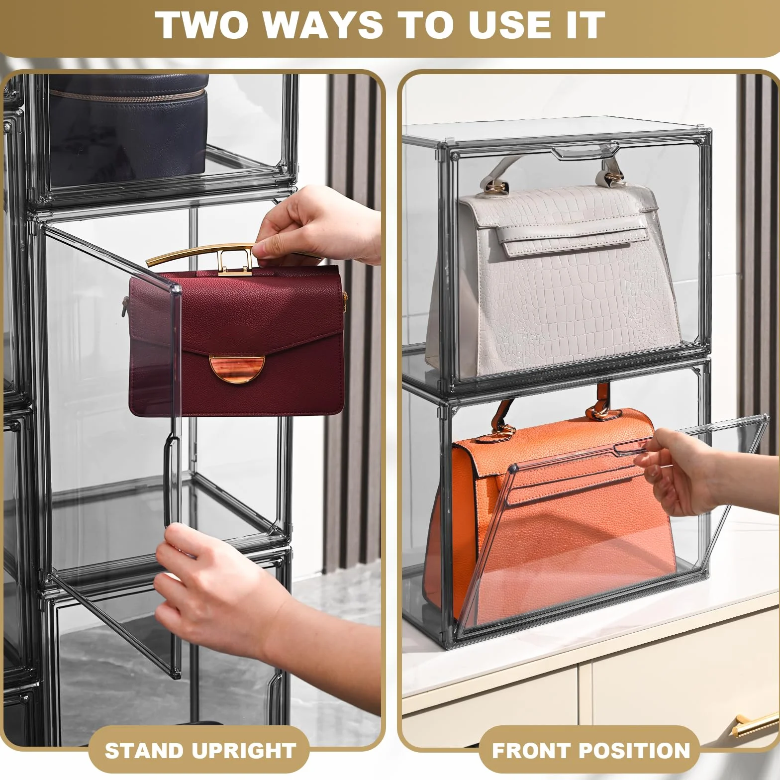 Organizer per borse per armadio, in acrilico grigio trasparente, impilabile, con porta magnetica, per portafoglio, libri, cosmetici, giocattoli (4)
