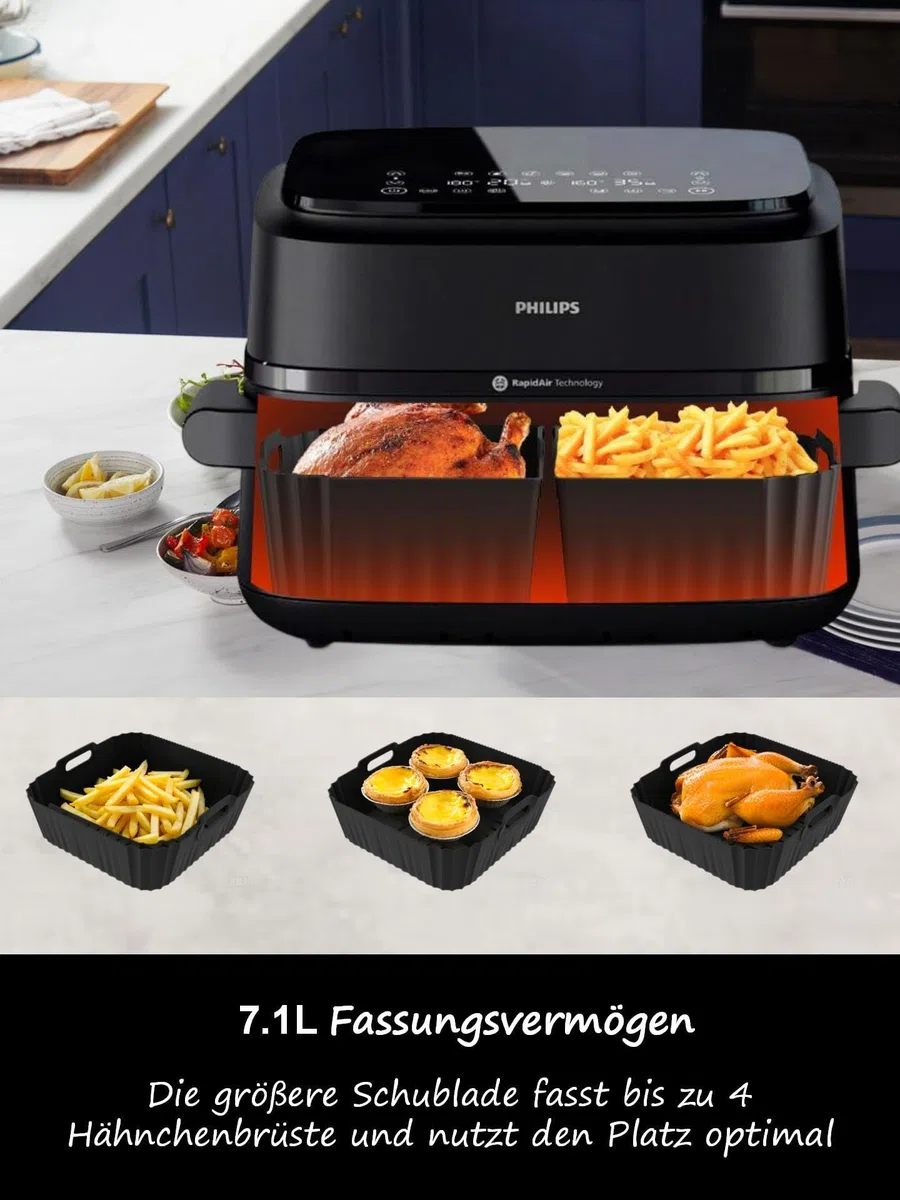 Stampo in silicone per friggitrice ad aria calda, accessori per Philips Airfryer serie 1000, set da 3 pezzi, nero, rettangolare, antiaderente, senza BPA, cestello flessibile, 7,1 l (NA154/00