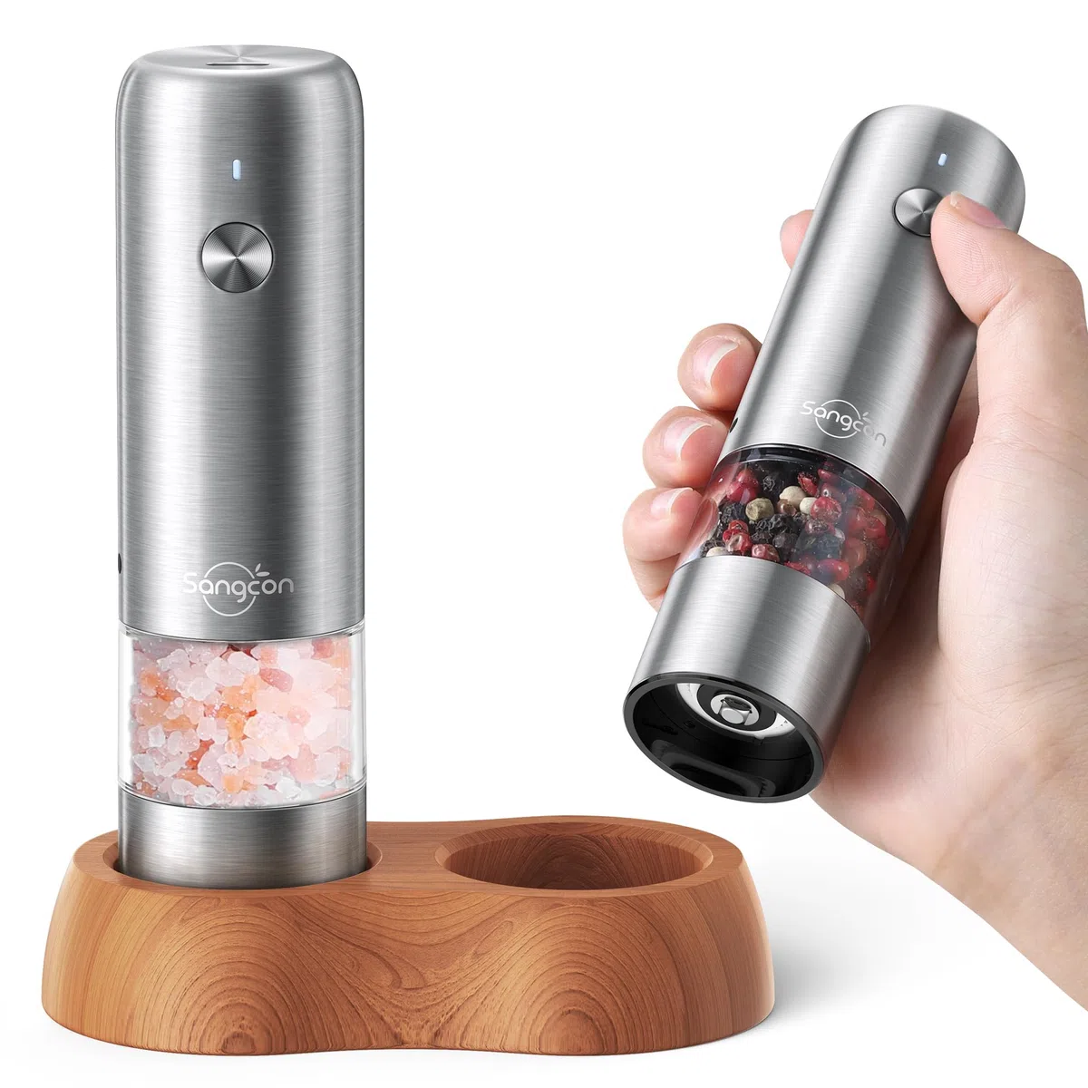 Sangcon Mini Set Macina Sale e Pepe Elettrico con Base in Legno, Ricaricabile USB, Piccolo Macinapepe Automatico, da Viaggio/barbecue/bambini, Controllo con un Pulsante (Acciaio inossidabile)