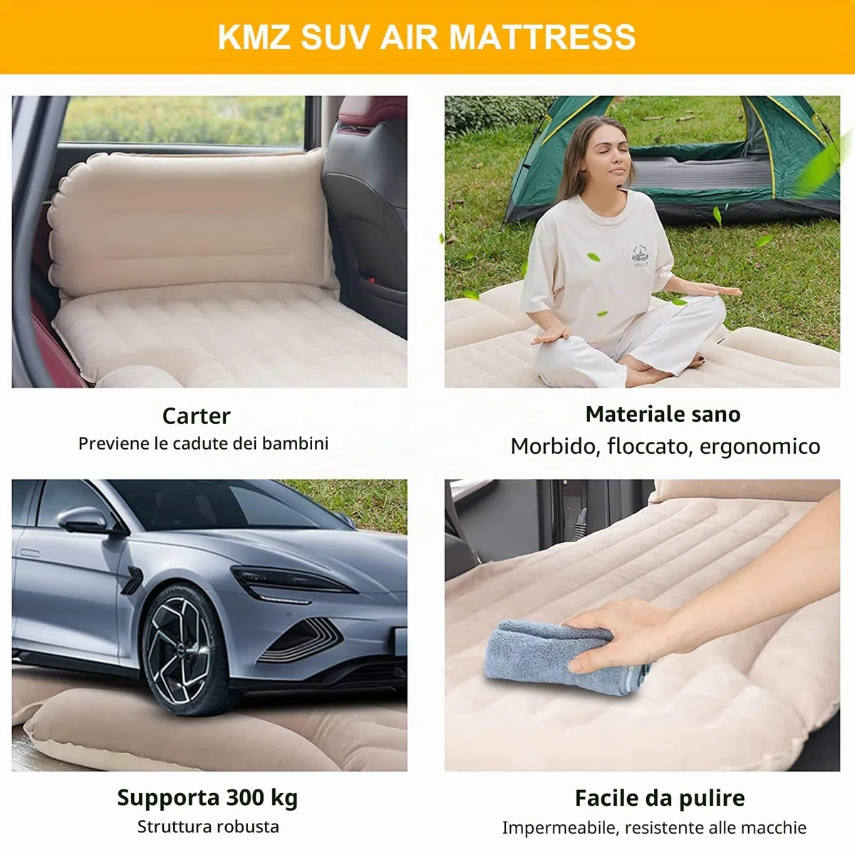 KMZ SUV - Materasso per auto ispessito e floccato su entrambi i lati, per campeggio, con 2 cuscini per sedile posteriore e bagagliaio (beige e caffè)