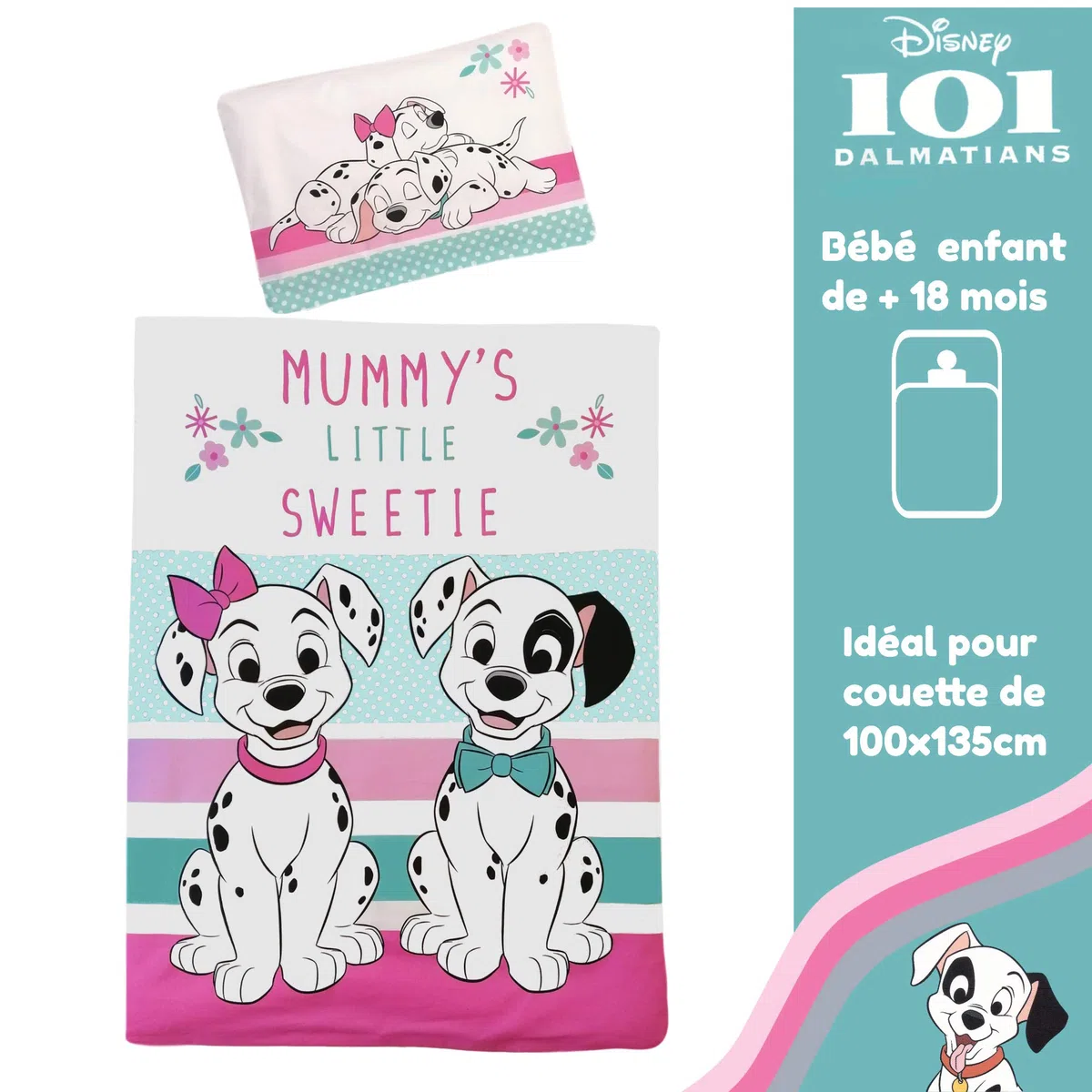 Copripiumino Disney 101 dalmata 100% cotone, set da letto 100 x 135 cm, federa 40 x 60 cm | Lettino reversibile | Cotone naturale morbido traspirante | Disney ufficiale | 0-3 anni | Sbarre | Lavabile in lavatrice