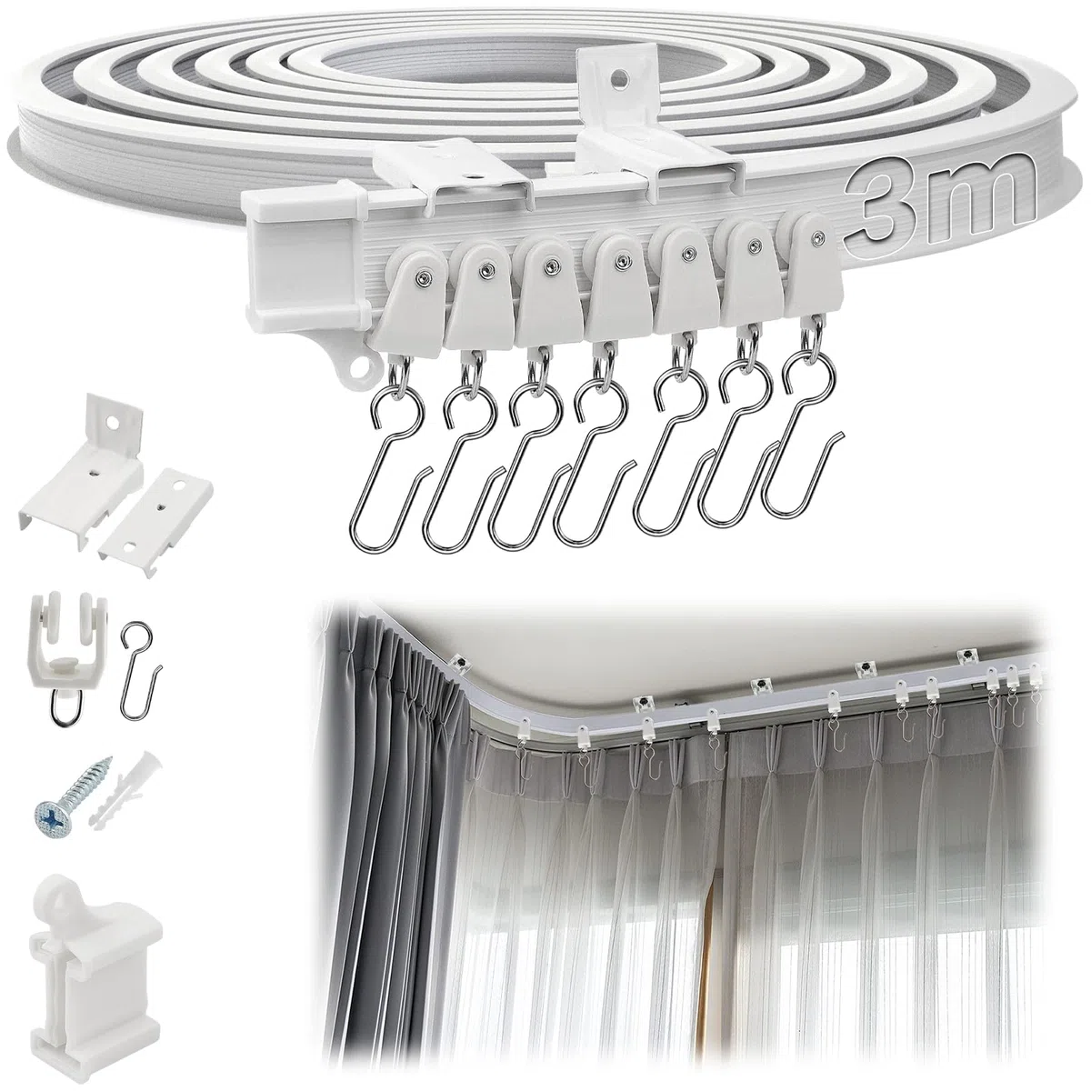 SWTYExt Binario Tenda Soffitto 3m Binario per Tende a Soffitto Flessibile Bianco PVC con Pulegge Silenziose per Separazione Degli Ambienti Camera da Letto Tende Balcone Ufficio Camper