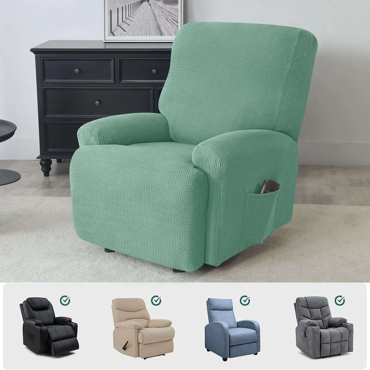 Elastico 4-Pezzo Copripoltrona Relax Reclinabile 1 Posto, Morbido Jacquard Tessuto Copripoltrona Relax Reclinabile Elettrica Con Tasche(Verde,1 posto)