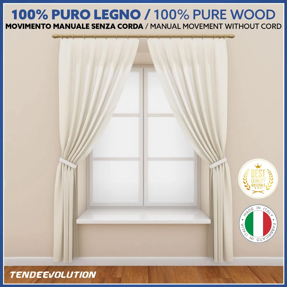 Bastone per Tende in Legno con Anelli completo di Accessori, Diametro 35 mm, Movimento Manuale, Bastone Tenda Bianco e Altri Colori con Supporti e Terminali, Zineffa per Tenda (CILIEGIO, 200 CM)