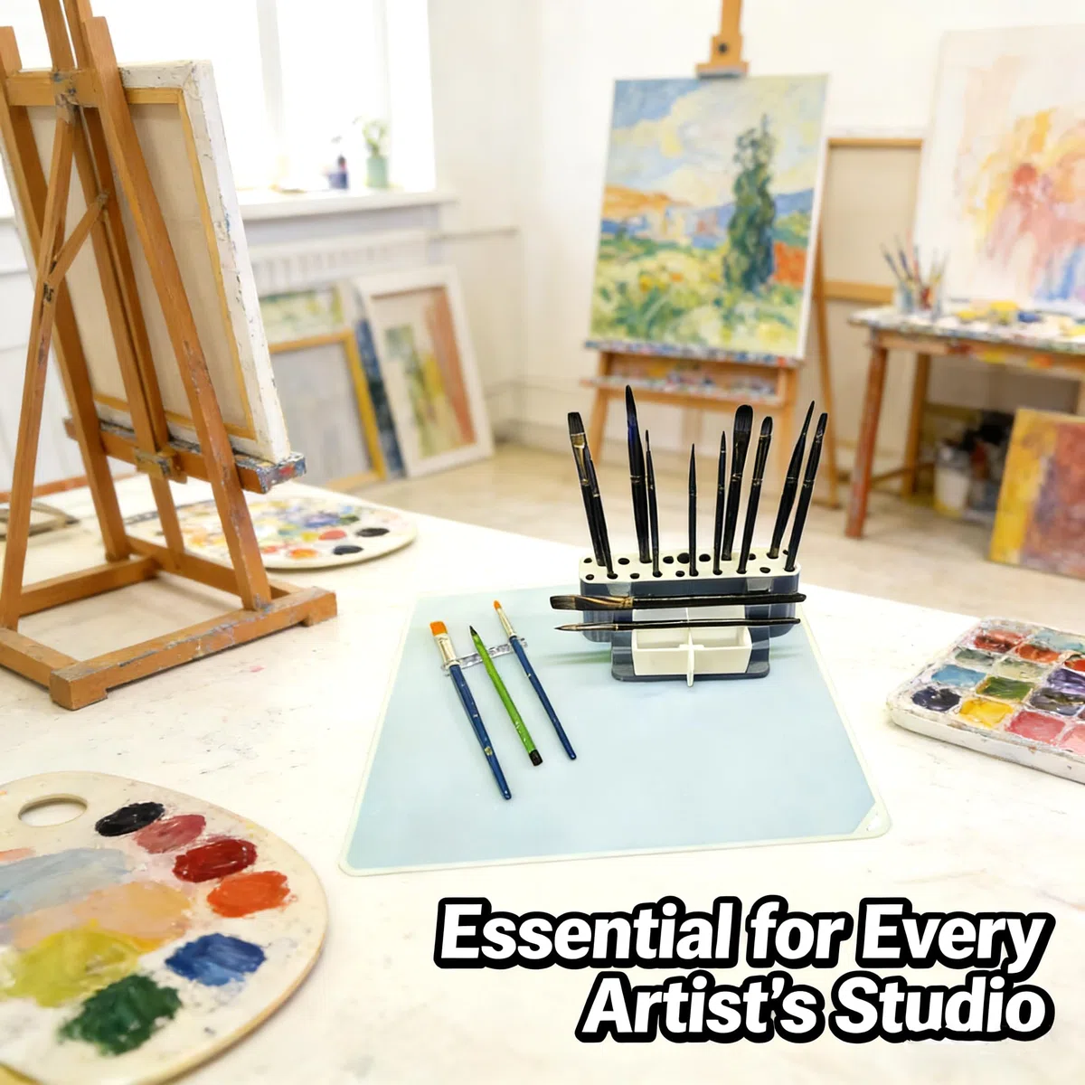 Set per pennelli da pittura, robusto organizer con vassoio per penne e cuscinetto a prova di perdite, ideale per artisti, hobbisti e artigiani (rettangolare)