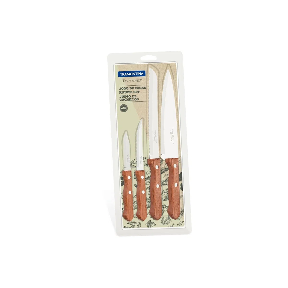 Tramontina Set di Coltelli in Acciaio Inox e Legno Naturale Dynamic 4 Pezzi