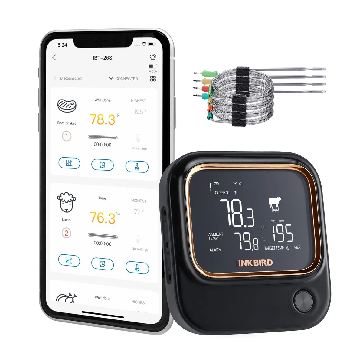 Termometro Barbecue Wi-Fi Bluetooth, INKBIRD Termometro Cucina IBT-26S,Controllo APP,Allarme Temperatura e Timer, Ricaricabile,4 Sonde,per Carne e Forno BBQ Alimenti(2.4G), Digitale