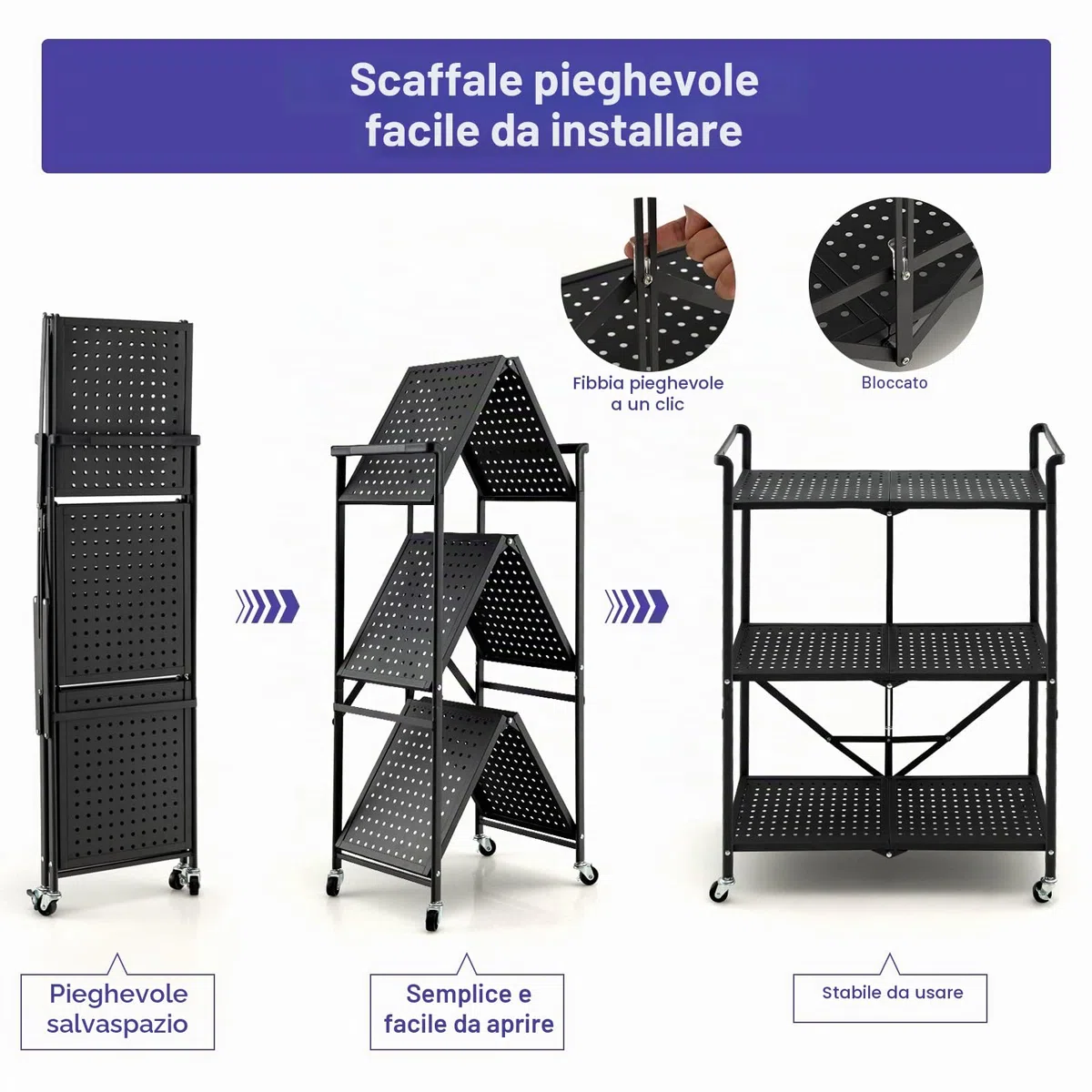 HOMASIS carrello di servizio pieghevole a 3 livelli, con 4 ruote e 2 freni, compatto, ripiani in metallo per cucina, nero