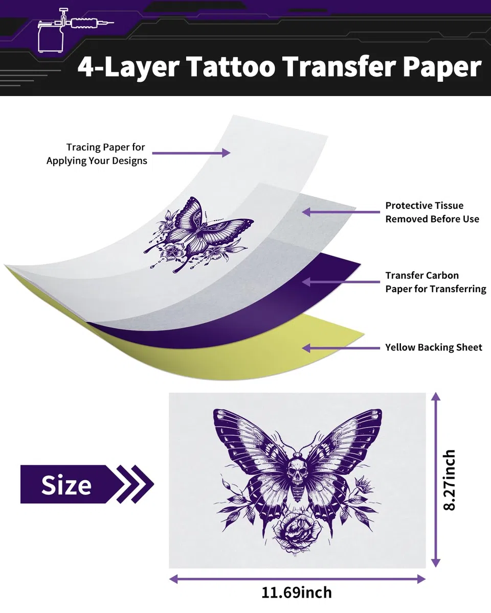 Phomemo Trasferimento Stencil,Tattoo Stencil Paper,100 Fogli Carta per Tatuaggi,Trasferimento di Tatuaggi A4 Tattoo Transfer Papier Compatible with M08F TP81 TP83 TP88 Stampante per Tatuaggi