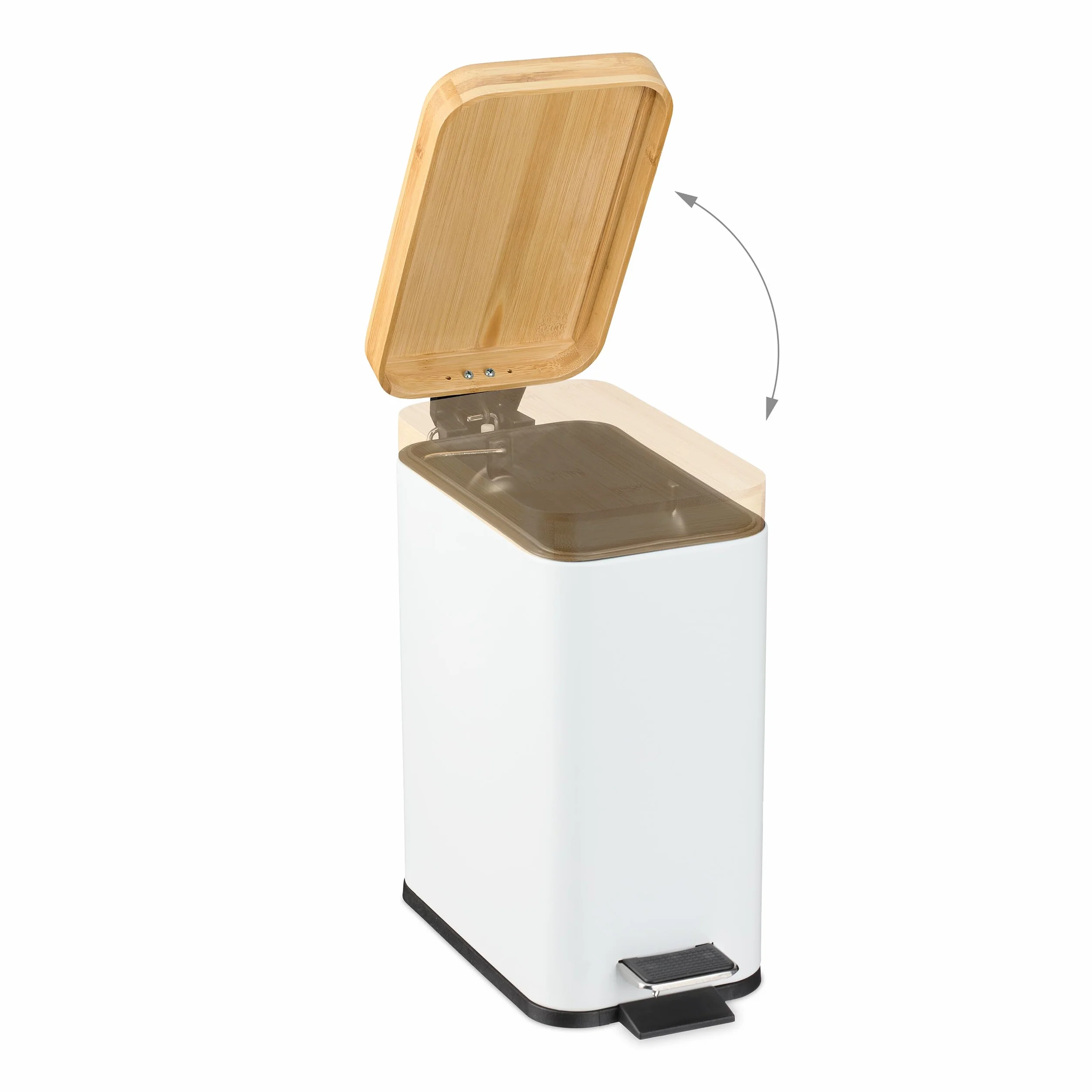 Relaxdays Pattumiera Bagno a Pedale da 5 L, Cestino Cosmetici, Cesto Interno Rimovibile, Bidone in Ferro e bambù, Bianco