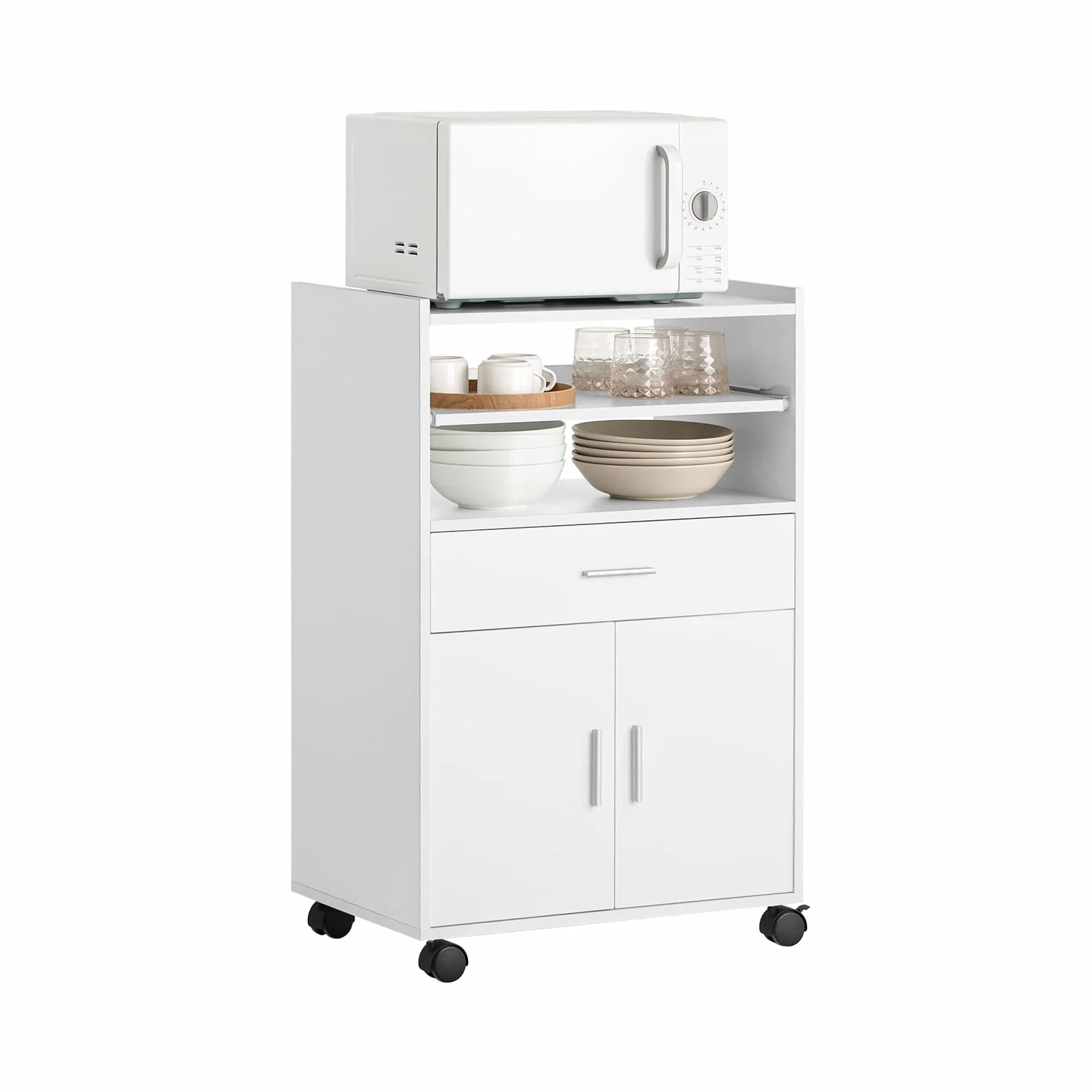 SoBuy Carrello Cucina con Ruote, Mobile Microonde con Piano Estraibile e Cassetto, Mobile Cucina Salvaspazio per Piccoli Ambienti, Cucina, Coffee Station e Soggiorno, Bianco 59×40×92 cm FSB09-W