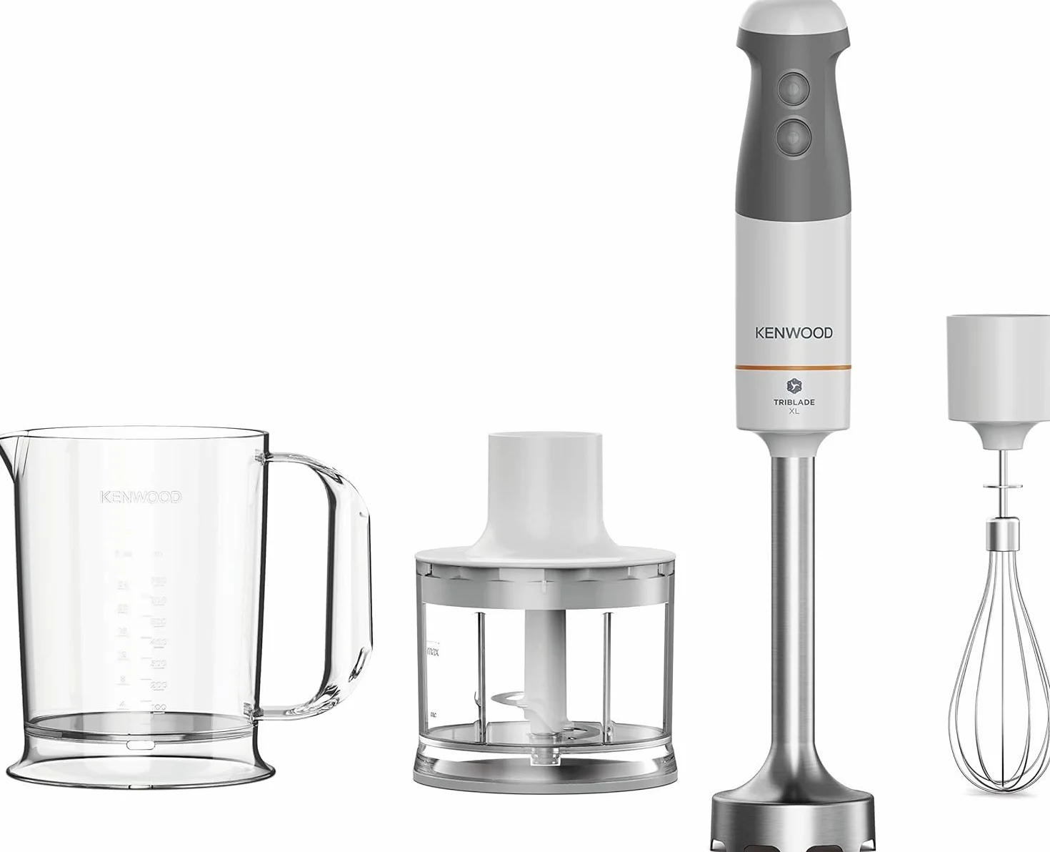 Kenwood Frullatore ad Immersione HBM40.302WH, Sistema TriBlade con 3 Lame, 1 Velocità+Turbo, Asta in Metallo Lunga 20 cm, Inclusi Frusta a Filo, Bicchiere Graduato, Tritatutto da 0.5 L, 850W, Bianco