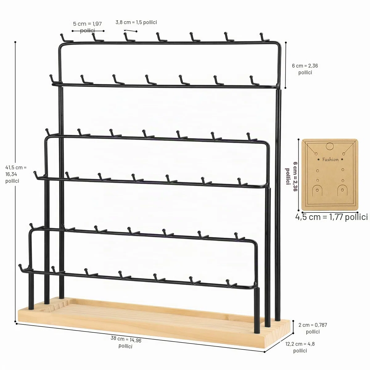 Espositore per Orecchini per Venditori 6 Livelli 42 Ganci in Legno Espositore per Orecchini Collane Anelli Bracciali Portachiavi (Nero)