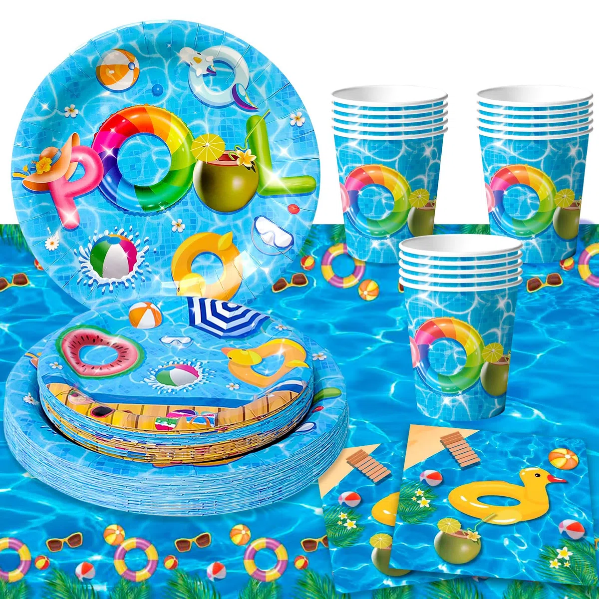 Set di stoviglie per feste in piscina, 97pcs decorazioni per feste in piscina tovaglia, piatti di carta, tovaglioli e bicchieri, per decorazioni da tavola per feste per 24 ospiti