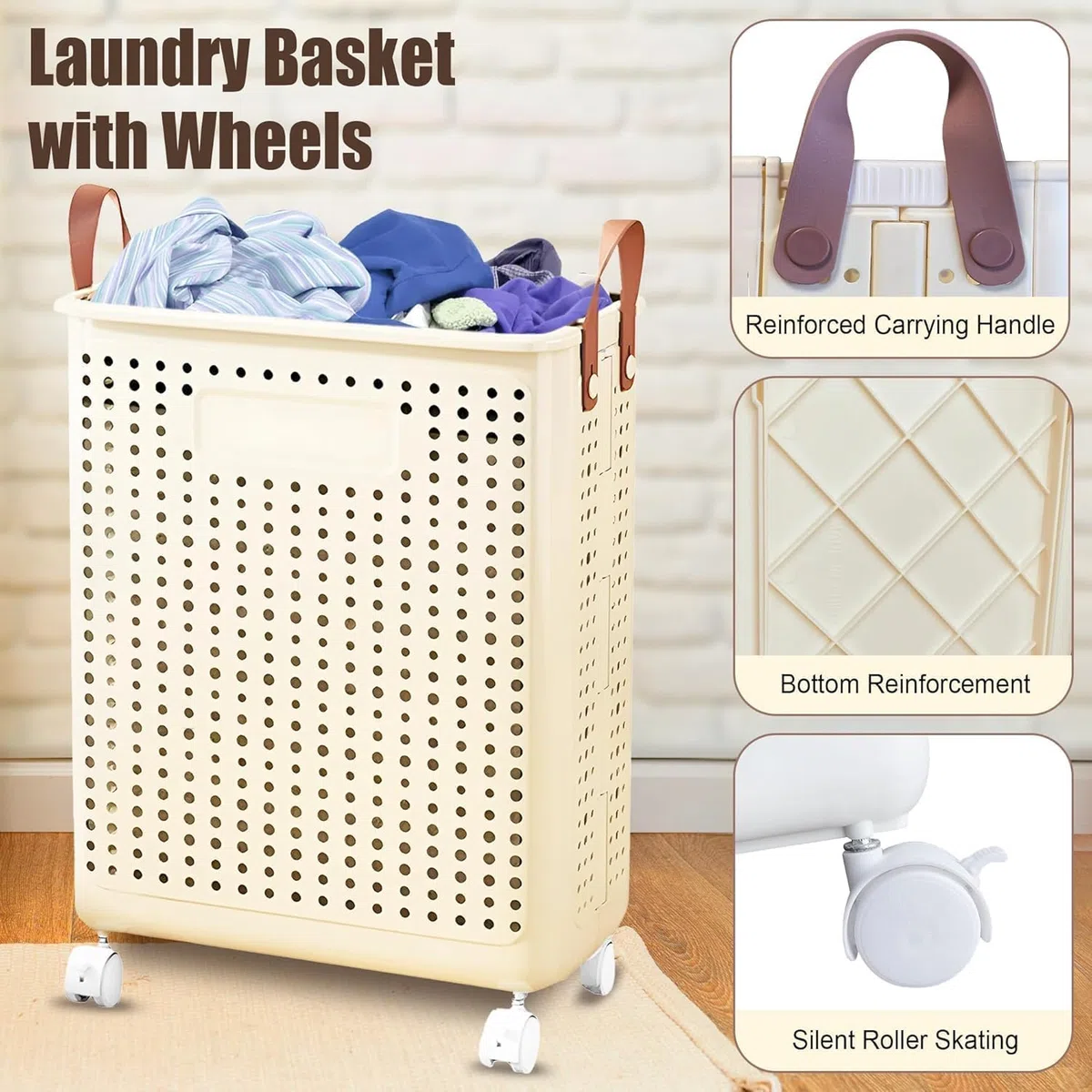 55L Foldable Laundry Basket with Wheels - Slim Rolling Laundry Hampers for Dorm, Apartments - Portable Clothes Organizer Storage Basket with Handles - Collapsible Storage Bins for Clothes, Toys