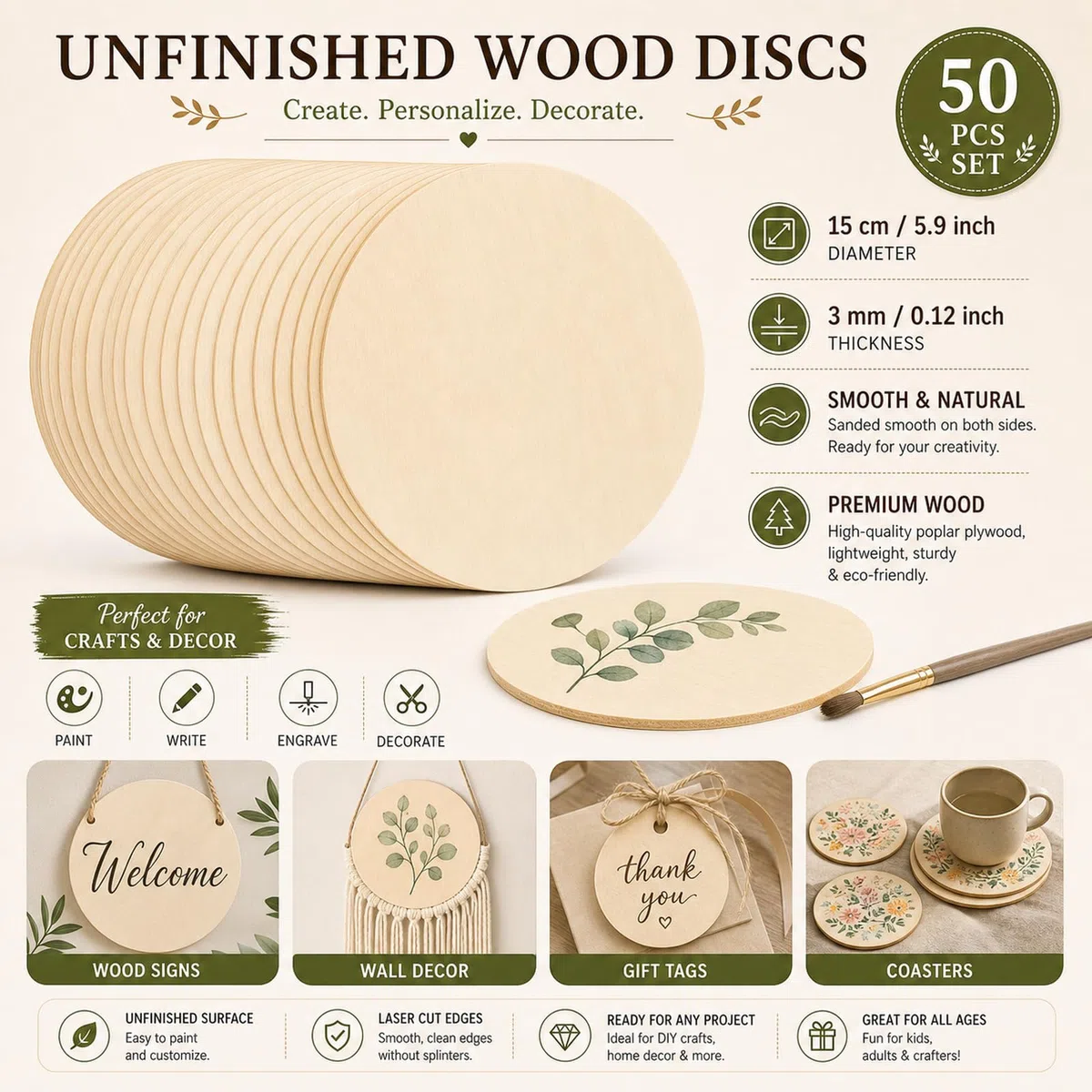 STARVAST 50 dischi di legno grezzo naturale, fetta di legno 15 cm con spessore 3 mm, tondi di legno per arti e mestieri, decorazioni natalizie, artigianato fai da te, 6 pollici