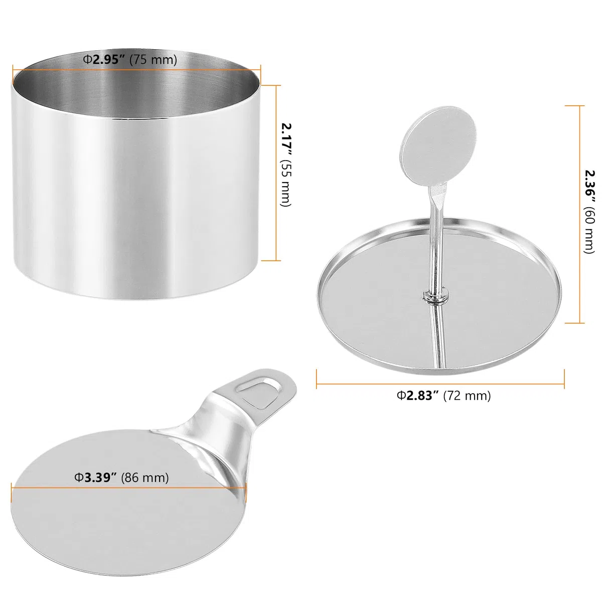SEUNMUK 10 anelli rotondi per torte in acciaio inox, 7,5 x 5,5 cm, con pressa per alimenti e spatola, per crumpet, cheesecake, pasticceria, dessert, cucinare uova