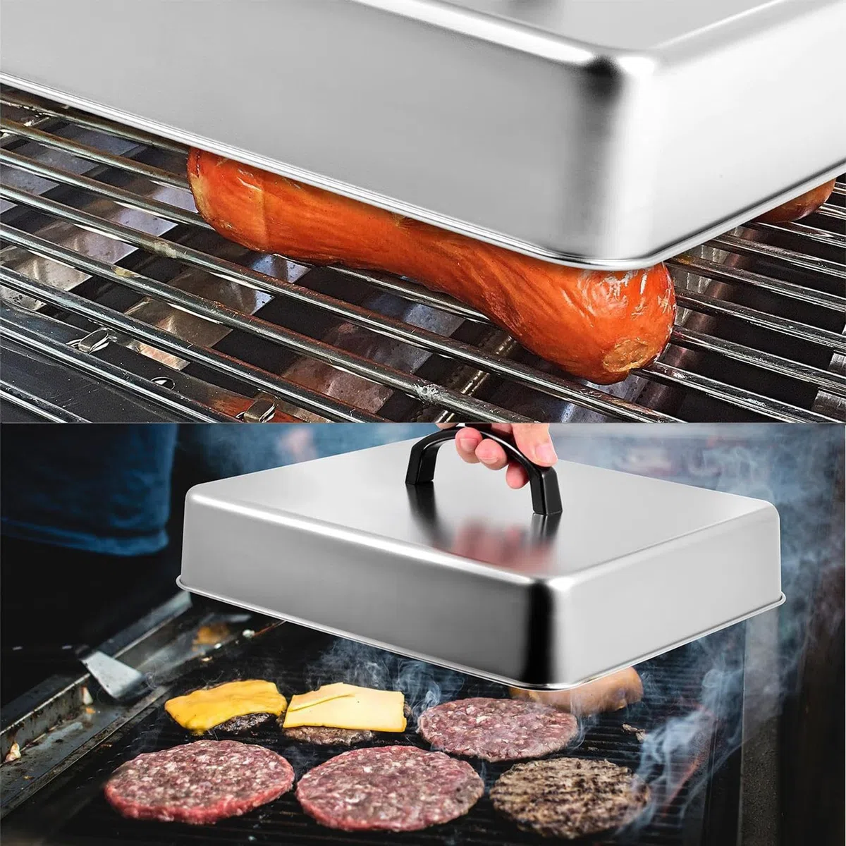 Coperchio a cupola per griglia, coperchio per grigliare, scudo di cottura in acciaio inossidabile, 28 x 21 x 9 cm, manico rettangolare color argento, per barbecue, cucina all'aperto, uso griglia