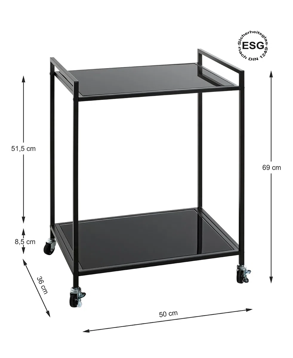 HAKU Tavolino su rotelle in metallo nero, piano in vetro di sicurezza da 5 mm - Dimensioni: L 50 x A 69 x P 36 cm Stile: Moderno