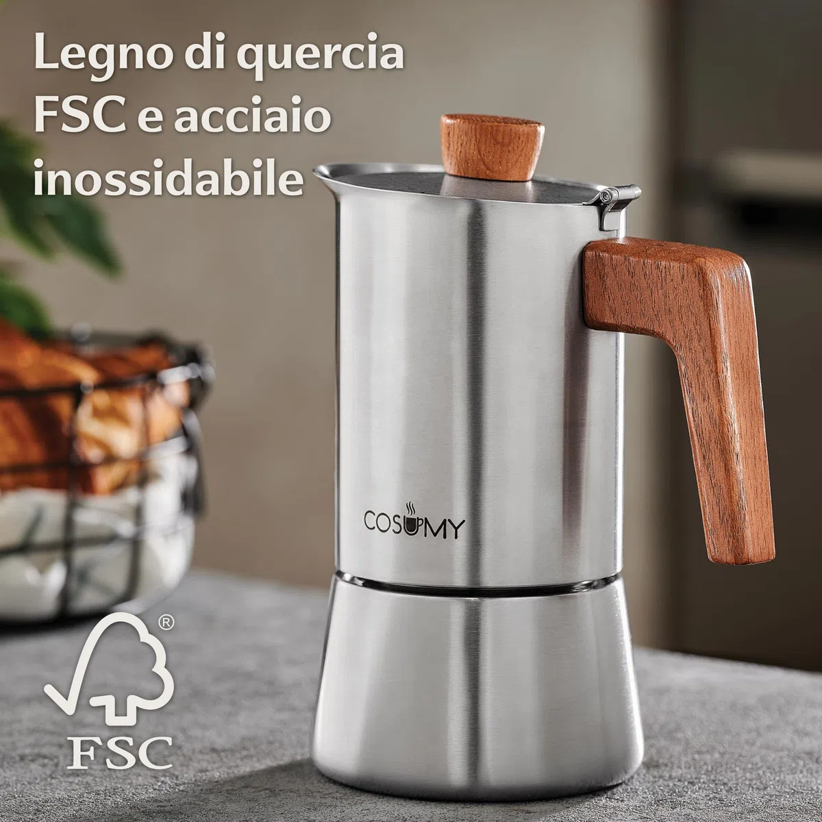 Cosumy Caffettiera Induzione Moka 300ml - Tutti gli tipi di fornelli - 6 Tazze - in Acciaio Inox e Quercia Sostenibile - Manico Anti Scottatura - Express Caffettiera