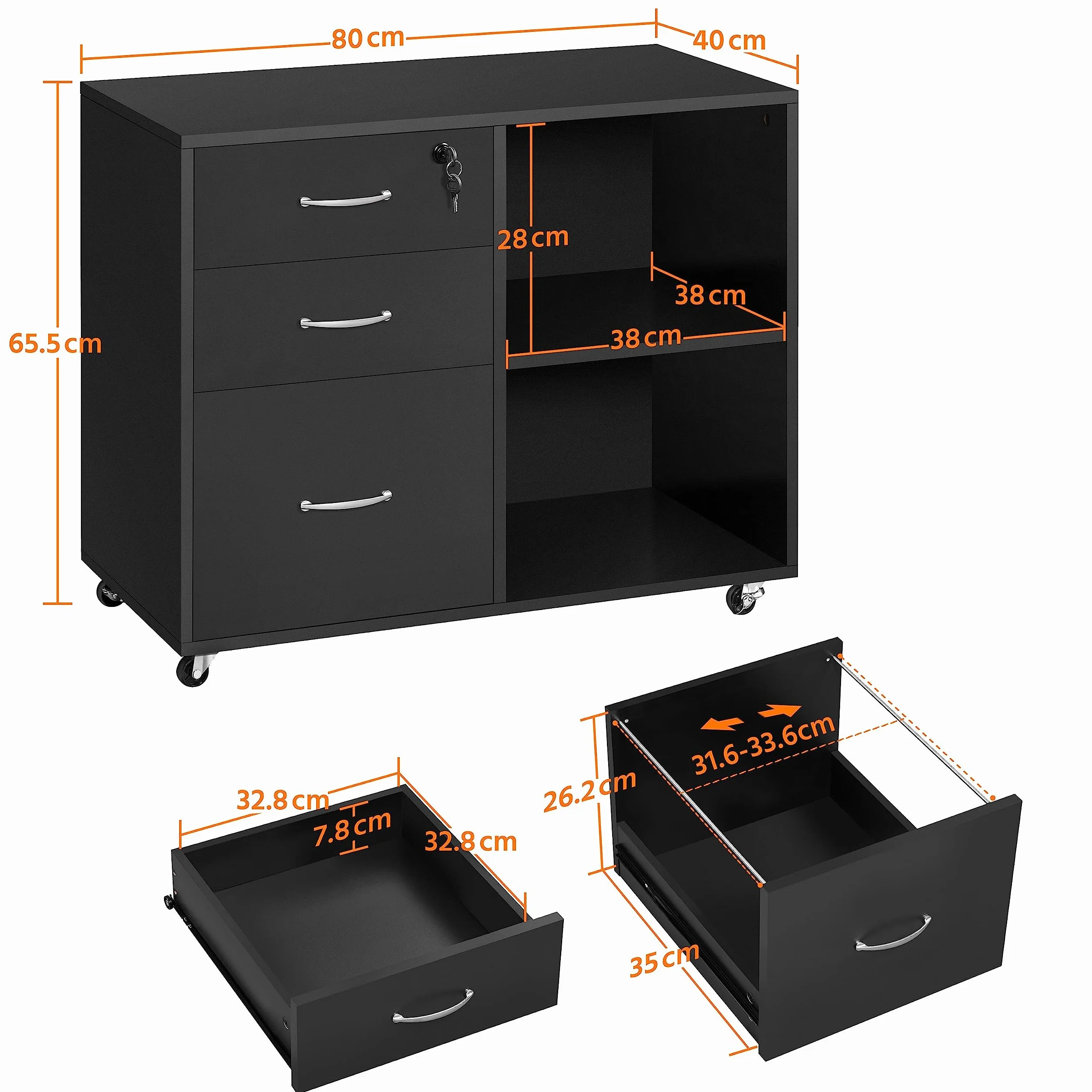 Yaheetech Armadietto Portadocumenti Schedario da Ufficio in Legno con 3 Cassetti Mobile Porta Stampante con Scomparti Mobiletto da Archivio con Ruote 80 x 40 x 65,5 cm Nero