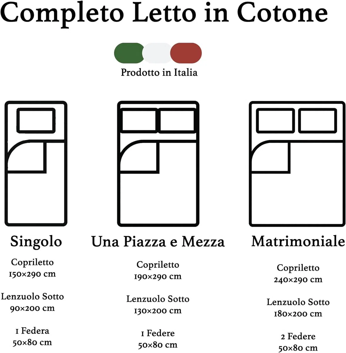 Corredocasa - Completo Lenzuola in Puro Cotone Bianco Extra Made in Italy Fornitura Albergo B&B Hotel Agriturismo -Set Completo Letto Morbido Casa 2 Piazze, Matrimoniale Qualita' Premium