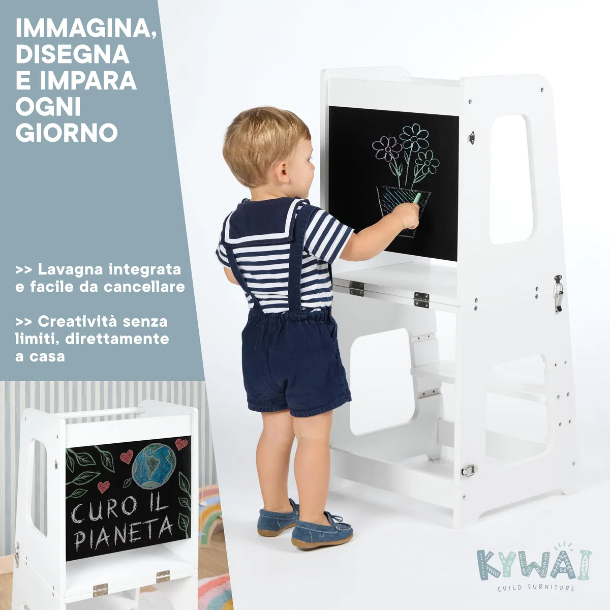 Torre Montessoriana Bambini Premium 3 en 1 Convertibile in Scrivania e Sgabello - Torre Montessoriana Pieghevole - Azienda Sostenibile Impegnata nella Riforestazione, Struttura Solida (Bianco)
