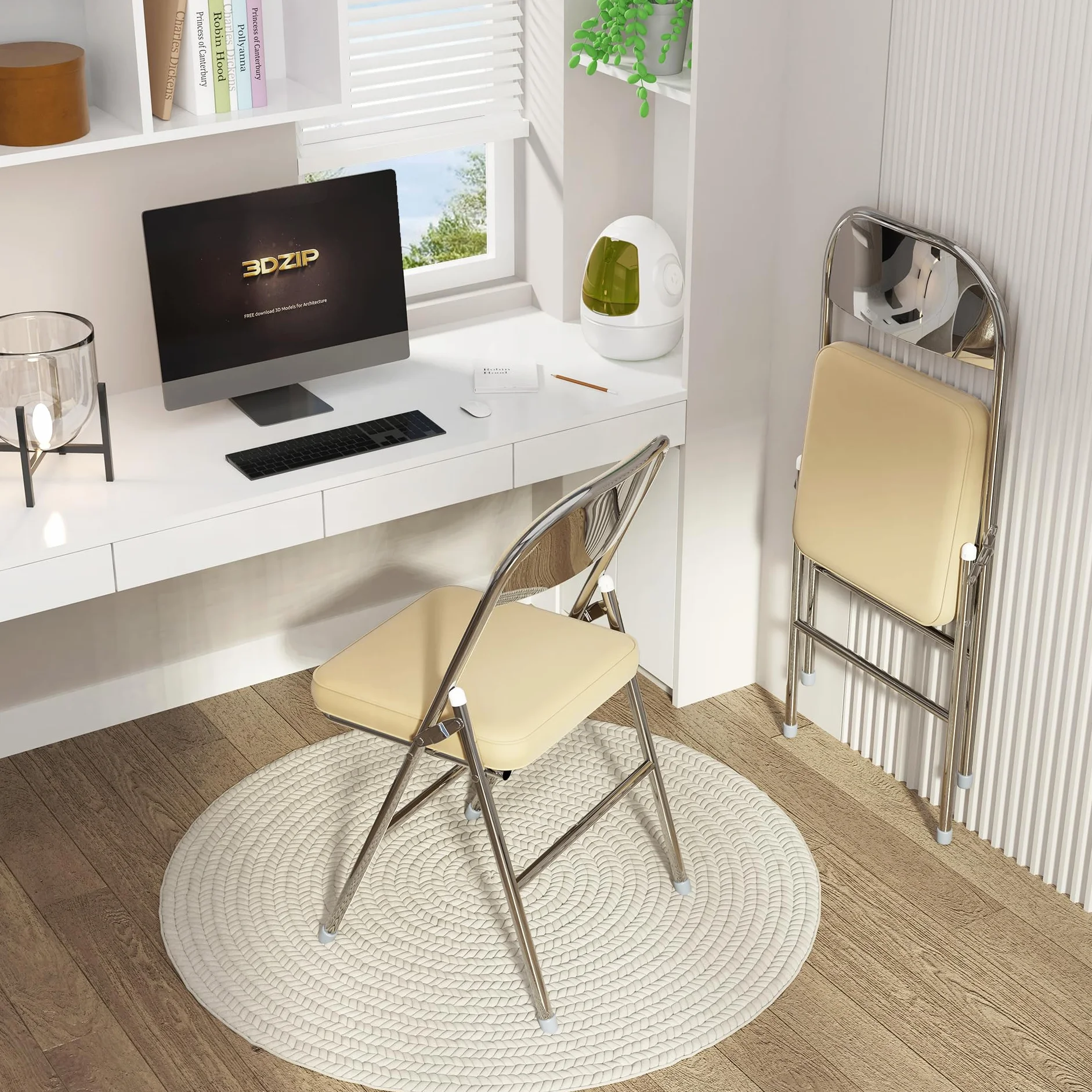 2 Pieghevoli comode di Alta qualità in Metallo, Imbottite in Ecopelle Resistenti salvaspazio, Sedia per Interno Esterno Viaggio Cucina Soggiorno Camera da Letto Giardino 42x46x80 cm, beige