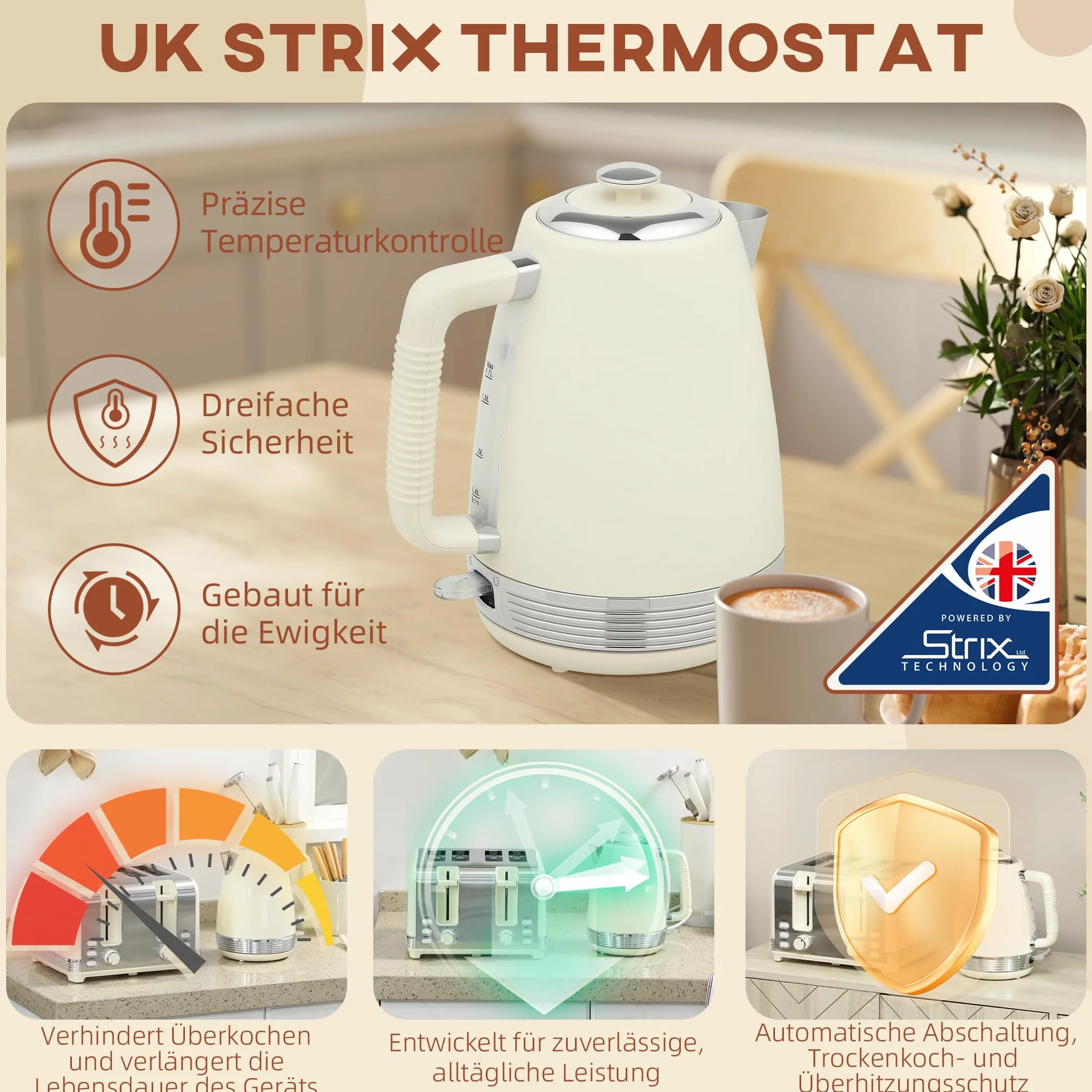 HOMCOM Set di tostapane in acciaio inox, con bollitore elettrico da 1,7 l, 2200 W, con termostato Strix, 4 fette con 7 livelli di doratura, scomparto per briciole, scongelamento, riscaldamento, crema