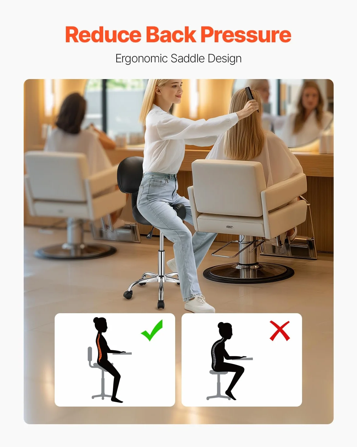 VEVOR Sgabello da Sella con Ruote Supporto per la Schiena, Capacità 204 kg, Sgabello Ergonomico Girevole in Pelle PU Ispessita Regolabile in Altezza per Salone, Massaggi, Clinica, Nero