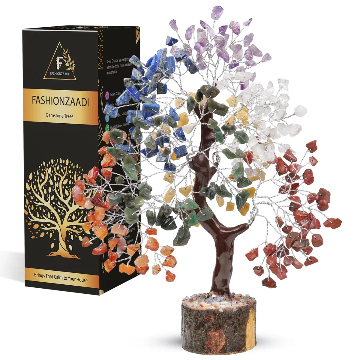 FASHIONZAADI Seven Chakra Gemstone Crystal Tree - Feng Shui Bonsai Money Natural Healing Crystals Chakras Reiki Stones Good Luck Home Decoration Gift Office Décor Size 10-12 inch (Silver Wire)