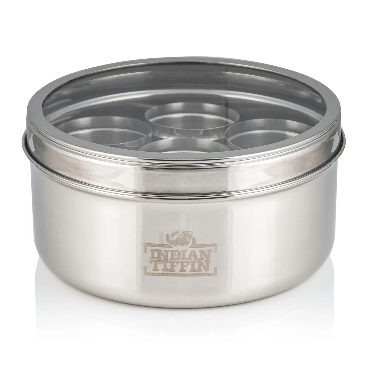 Indian-Tiffin Masala Dabba Contenitore Ermetico per Spezie - con Etichette per Spezie e Cucchiaio (Medio (18cm), coperchio trasparente, nessun coperchio sui vasi interni)