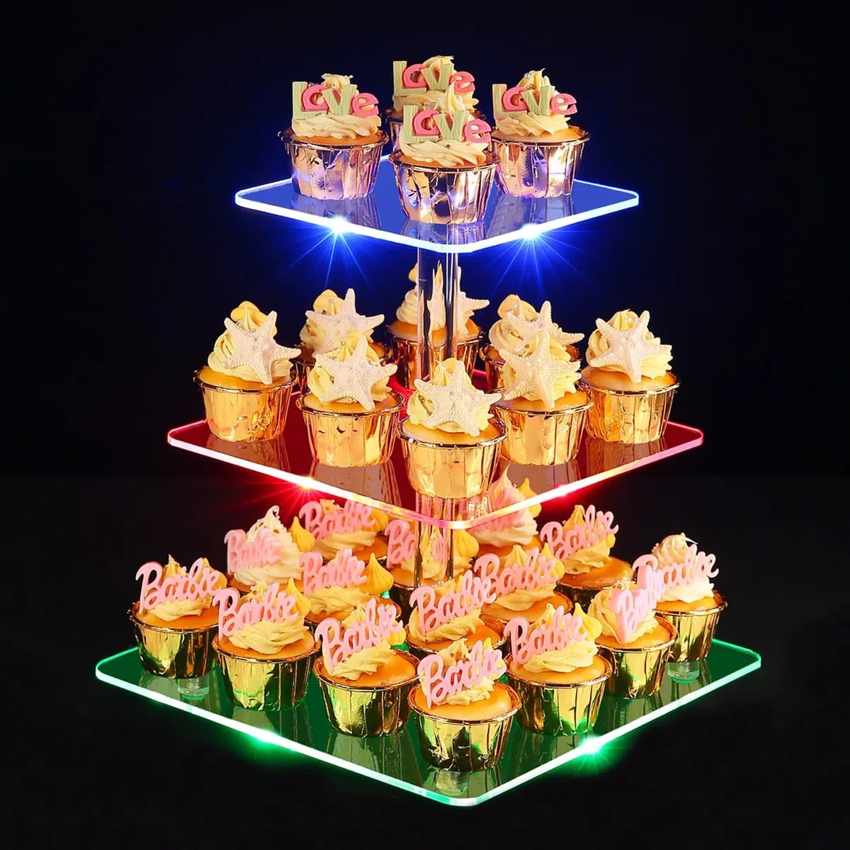 3 Piani Cupcake Stand, Ulifeme LED Ricaricabile Alzata, Supporto per Esposizione di Dolci Trasparente Quadrato, Torre di Cupcakes per Natale, Matrimoni, Anniversari, Feste Prenatalizie e Compleanni