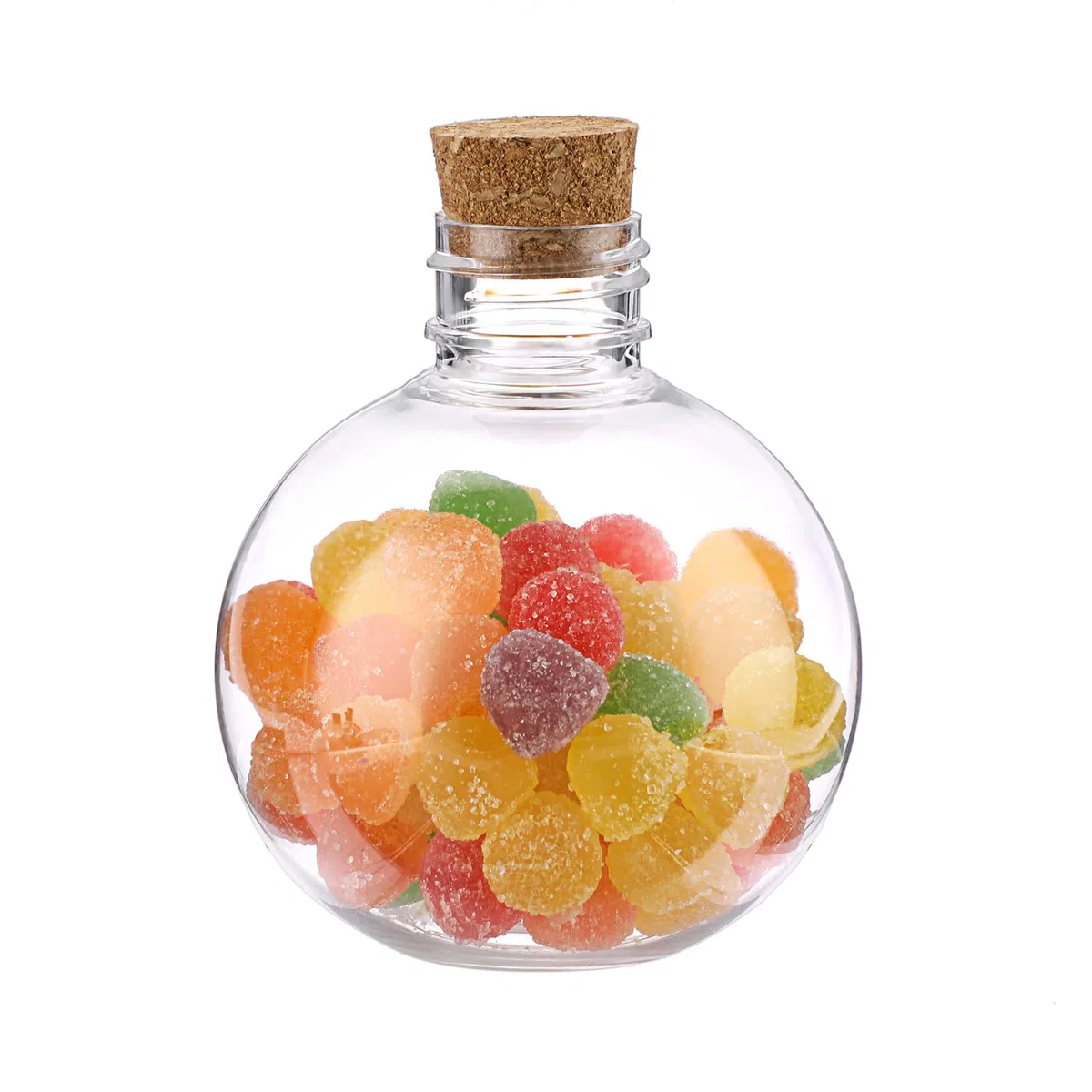 SUMTree Confezione da 30 bottiglie di plastica a forma di sfera da 141,7 g, con tappo in sughero, contenitori trasparenti per pozioni con 10 mini imbuti per fai da te, oli essenziali, decorazioni per