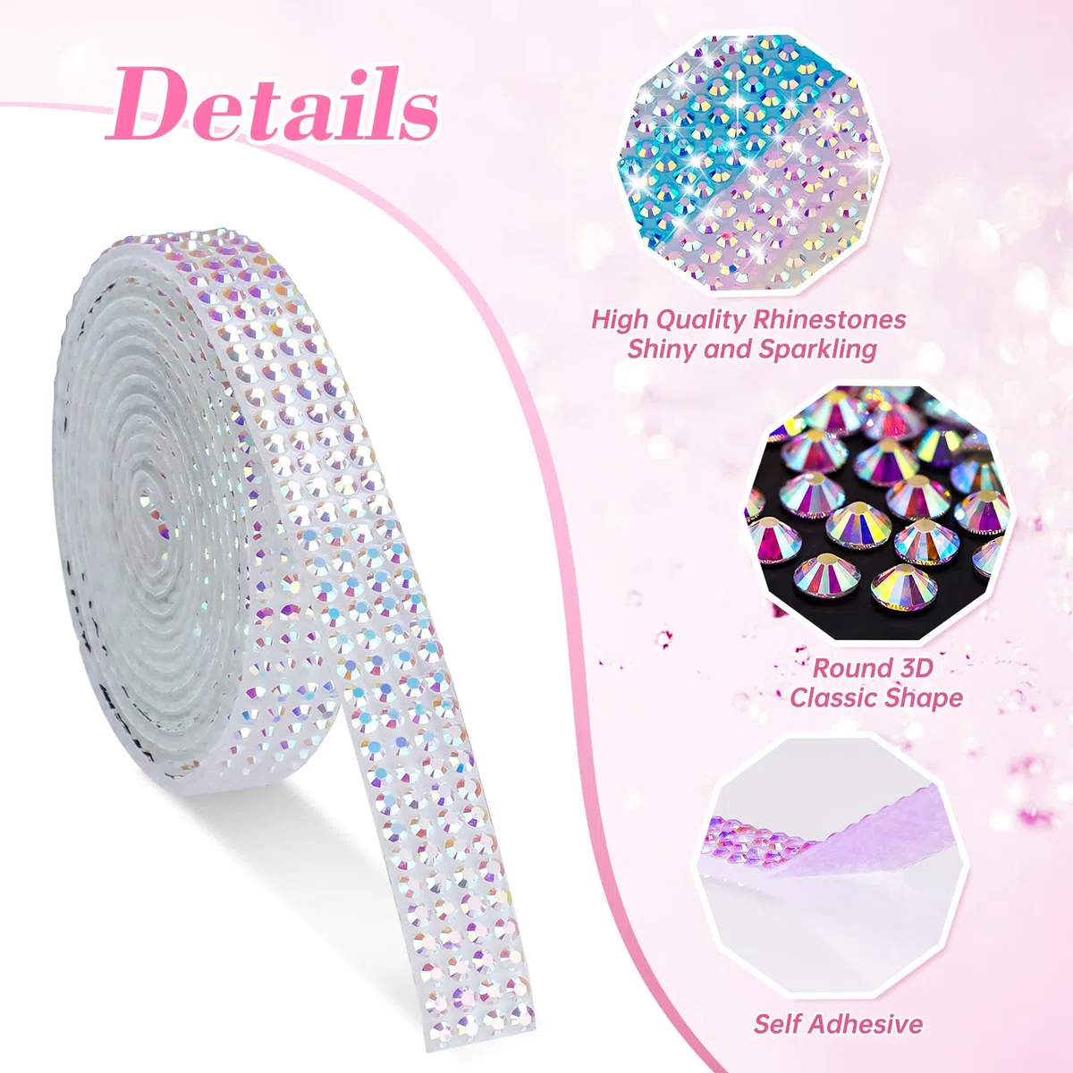 NiArt Set di 12 nastri autoadesivi con strass, 12 m di decorazioni scintillanti, 0,9 cm di larghezza, supporto adesivo facile, per fai da te e decorazioni per la casa