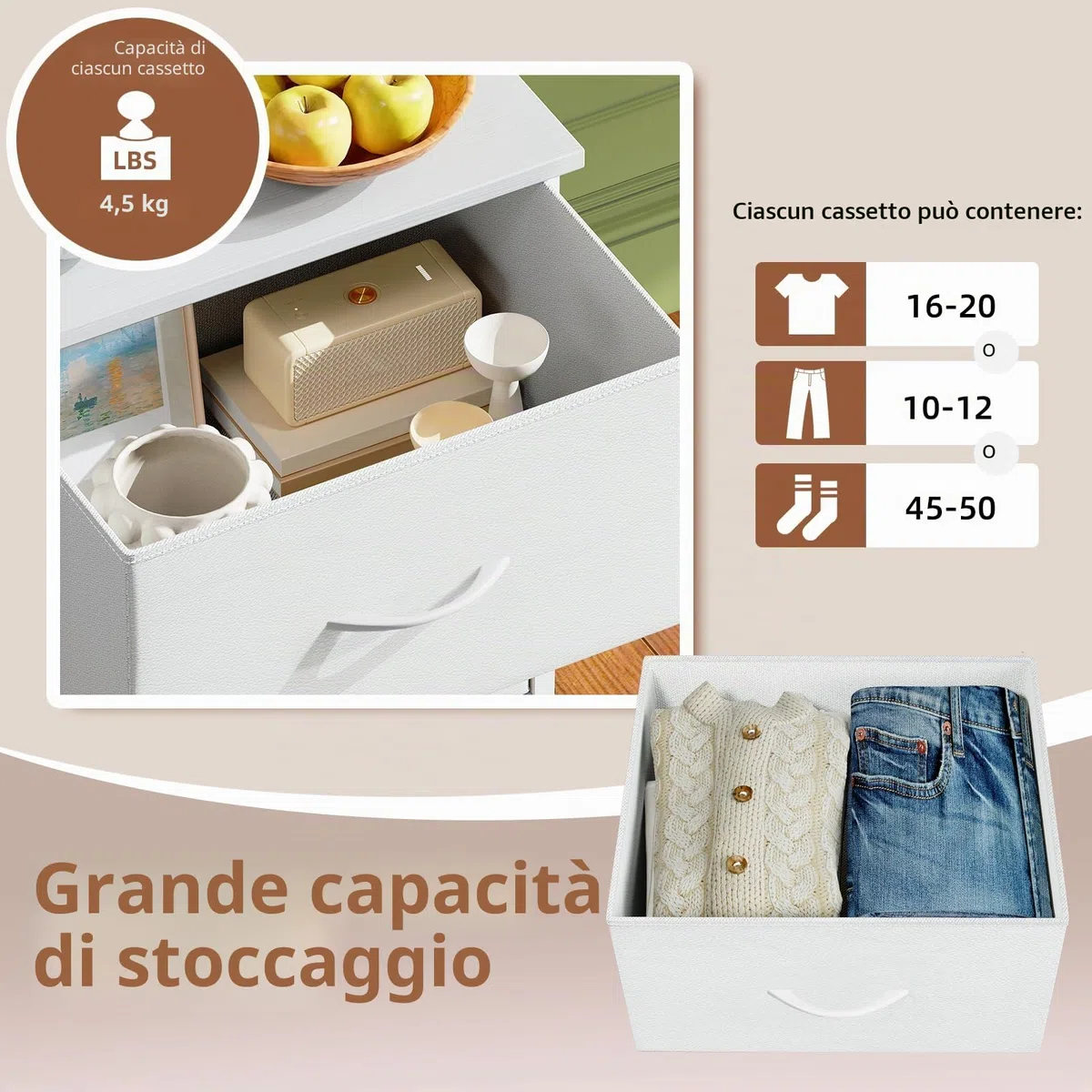 Somdot Cassettiera Camera da Letto in Tessuto, Mobiletto Salvaspazio, Settimino per Soggiorno, Studio, Cameretta, Ingresso, 30P x 42l x 115H (6 Cassetti), Bianco