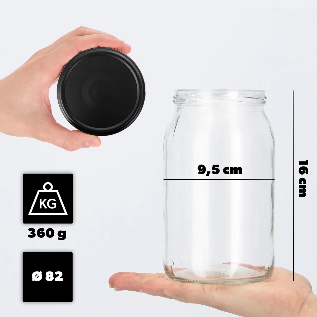 KADAX Set di 8 Grandi barattoli in Vetro 900ml Ø82 Nero Opaco – Tappo a Vite ermetico, per Conserve, sottaceti, Verdure lacto-fermentate e marmellate Fatte in casa