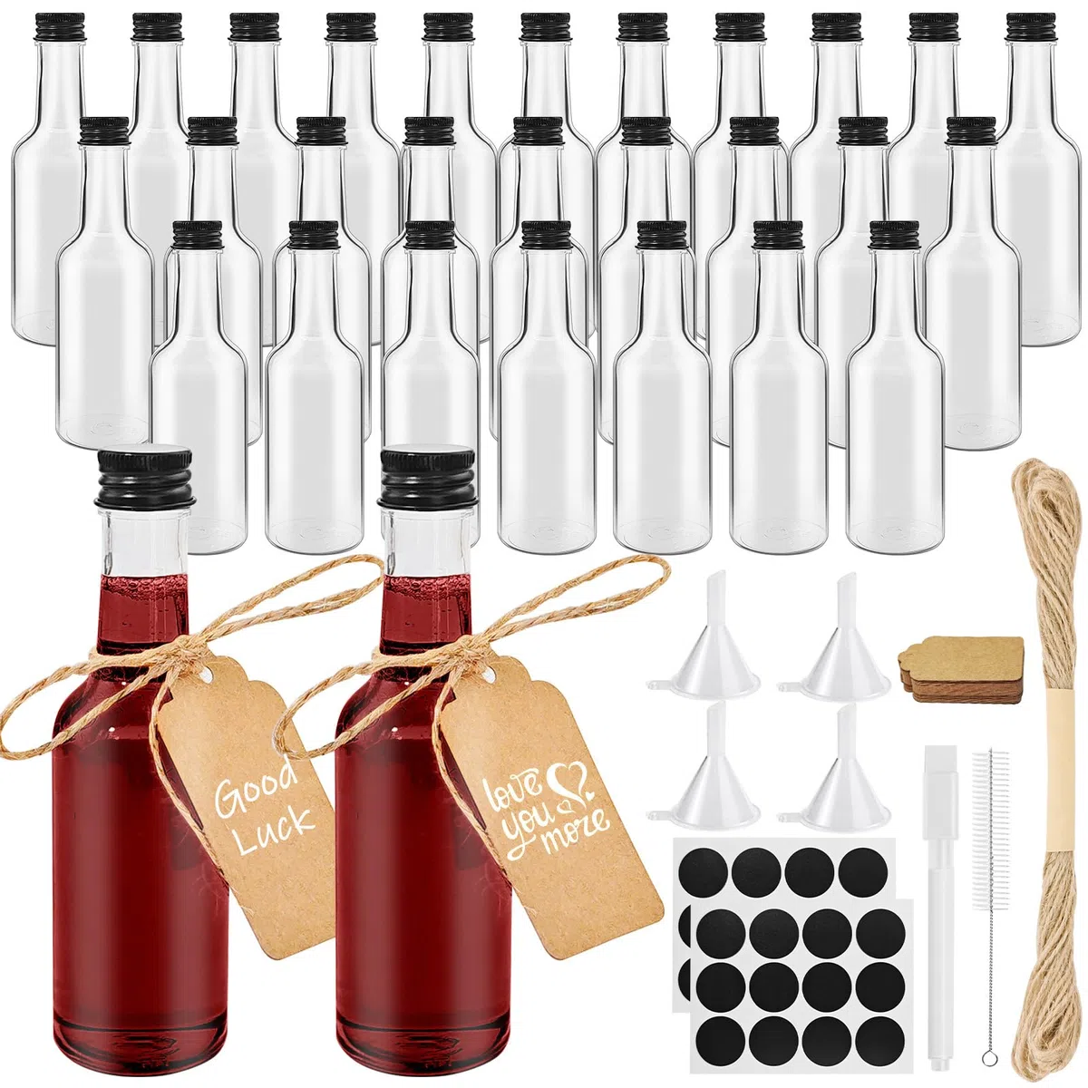 28 Pezzi Mini Bottiglie Alcolici di Plastica, 100ml Bottiglie di Liquore, Riutilizzabili Mini Bottiglie Liquori con Imbuto, Penna bianca, Cartellini per Matrimoni Feste